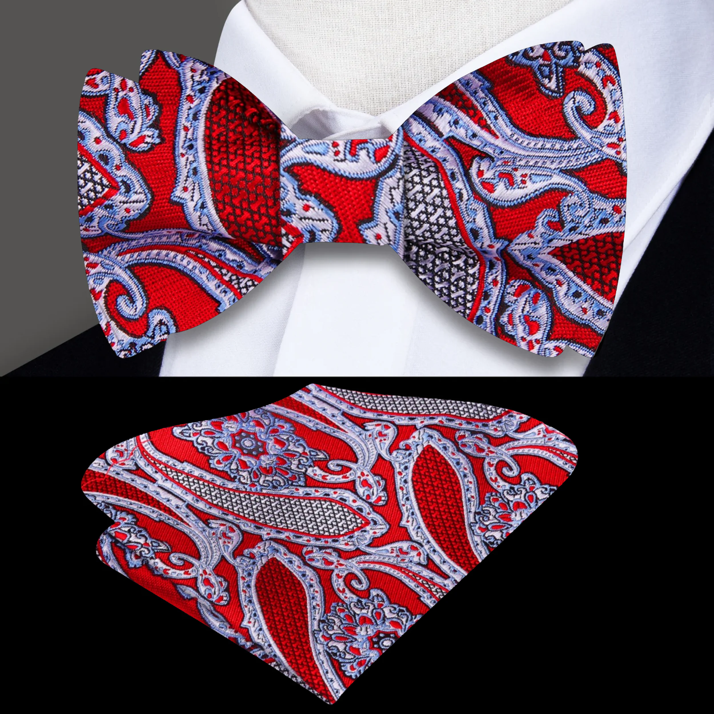 Self-tie red paisley bow tie displayed against a crisp white shirt, ideal for weddings and galas.