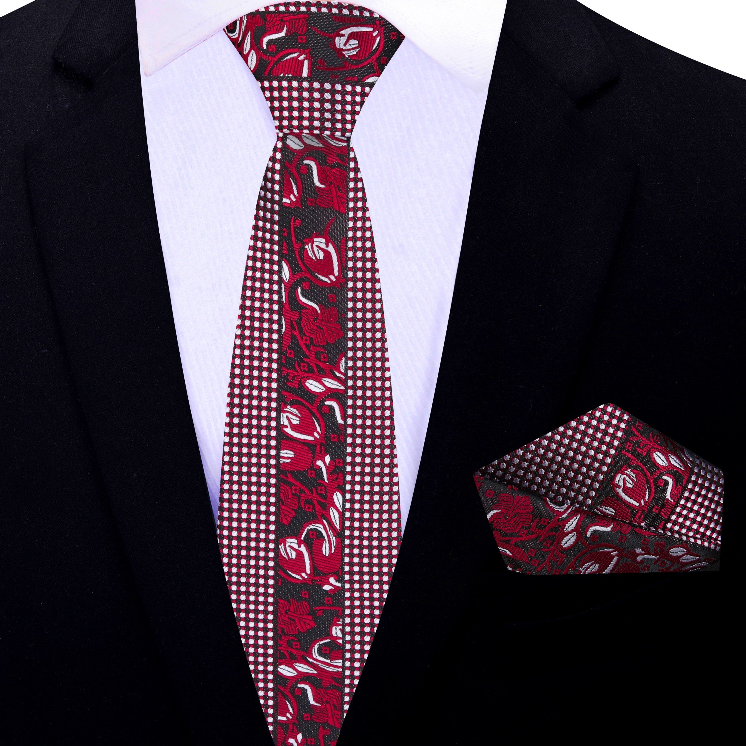 Close-up of kids red silk necktie with pocket square on a young boy