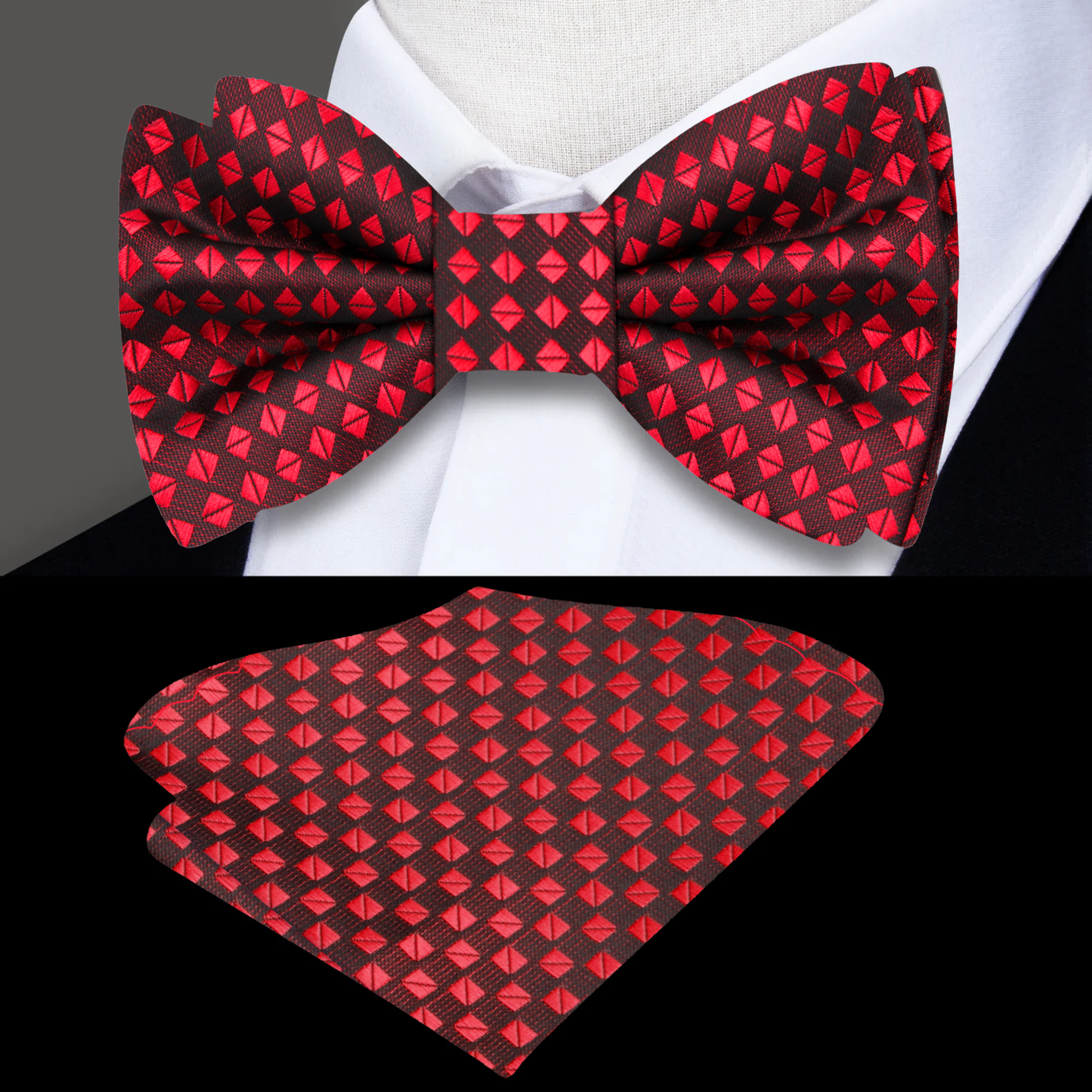 Stylish model wearing the red bow tie paired with a white dress shirt and charcoal suit.