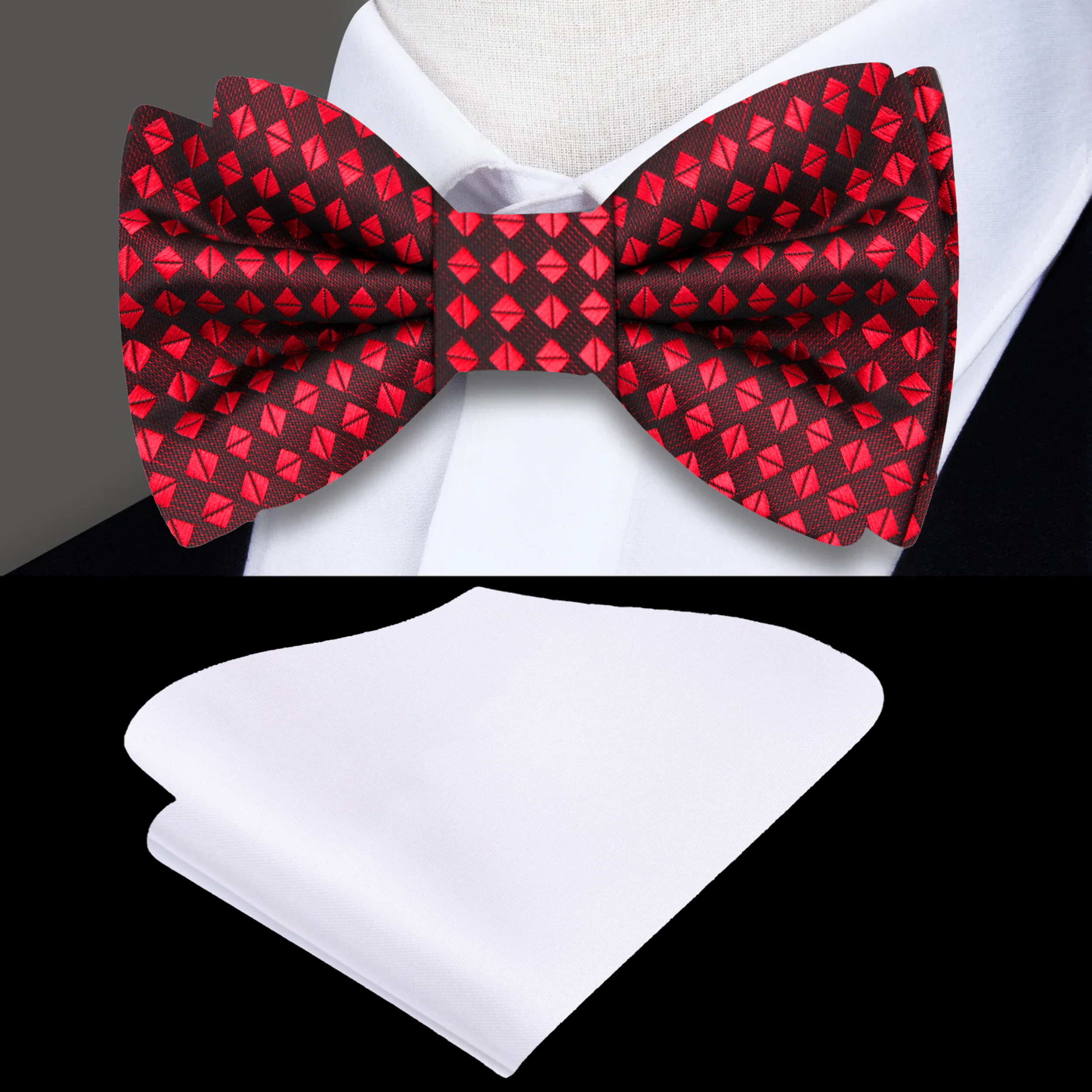 Close-up of the elegant red geometric bow tie highlighting the diamond pattern.