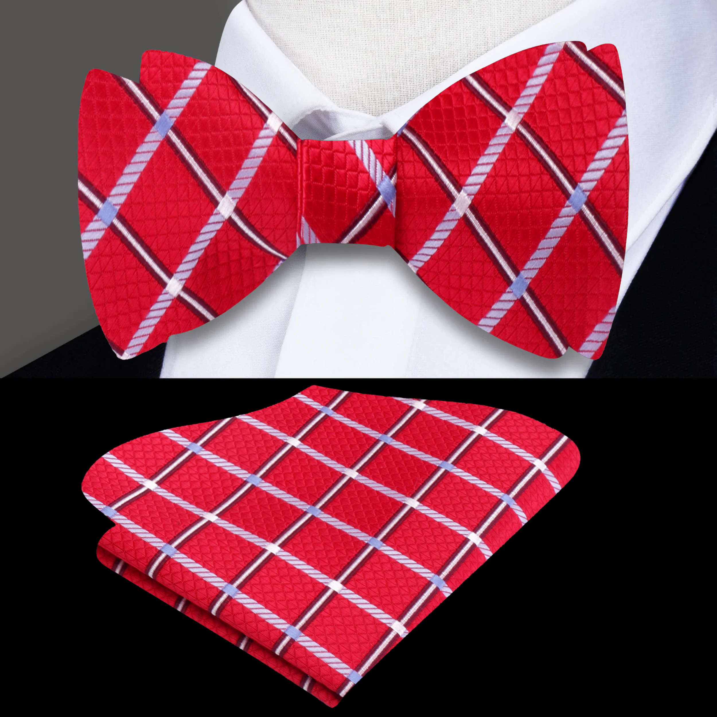 Front view of red geometric pattern silk bow tie on a mannequin