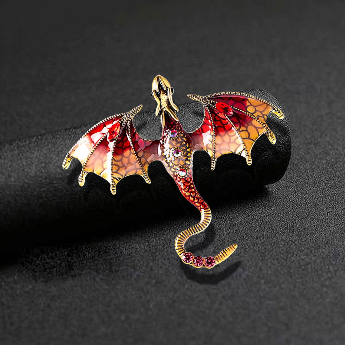 Angled view of the Majestic Dragon Lapel Pin, capturing its intricate details and vibrant colors.