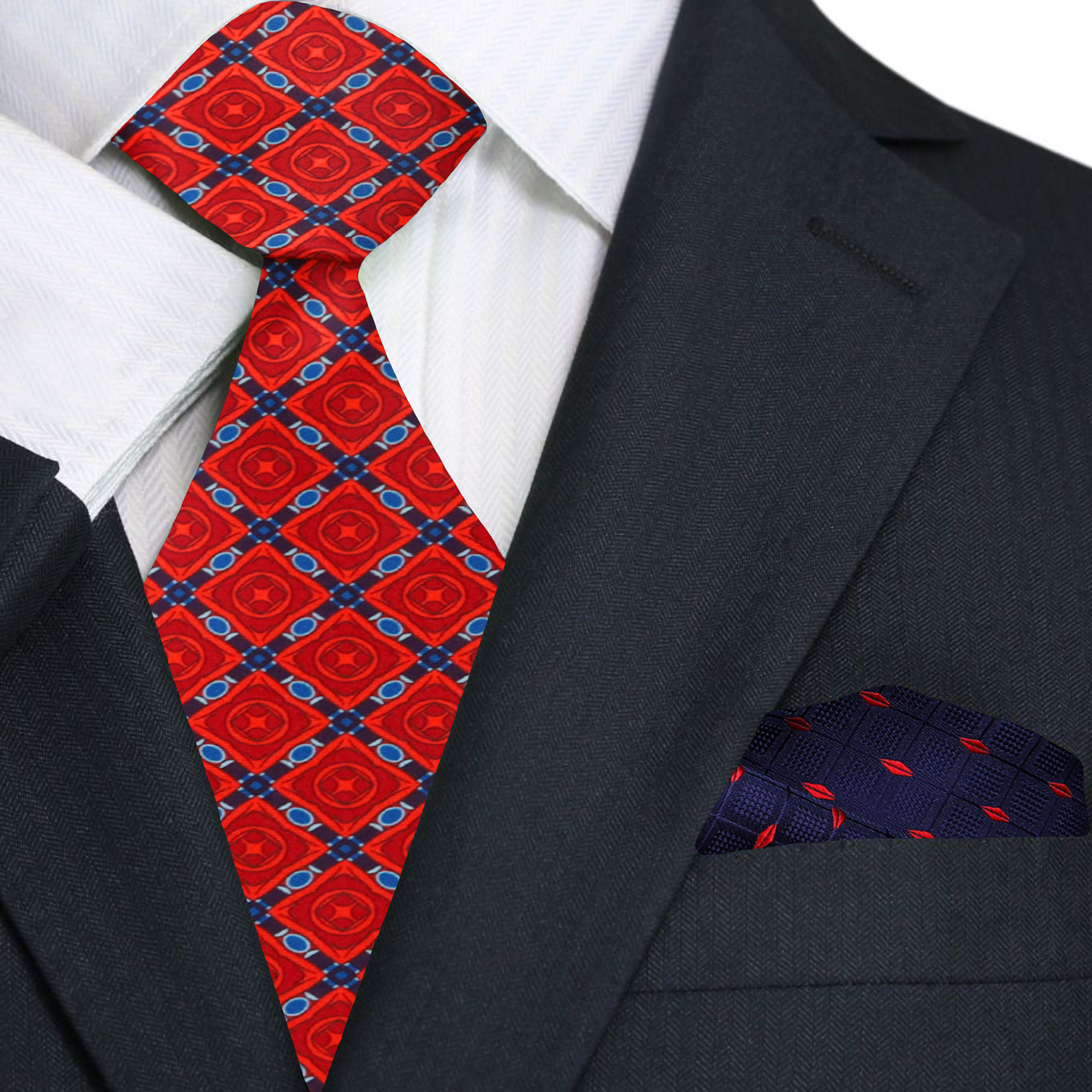 Man wearing the silk tie with a navy suit at a wedding