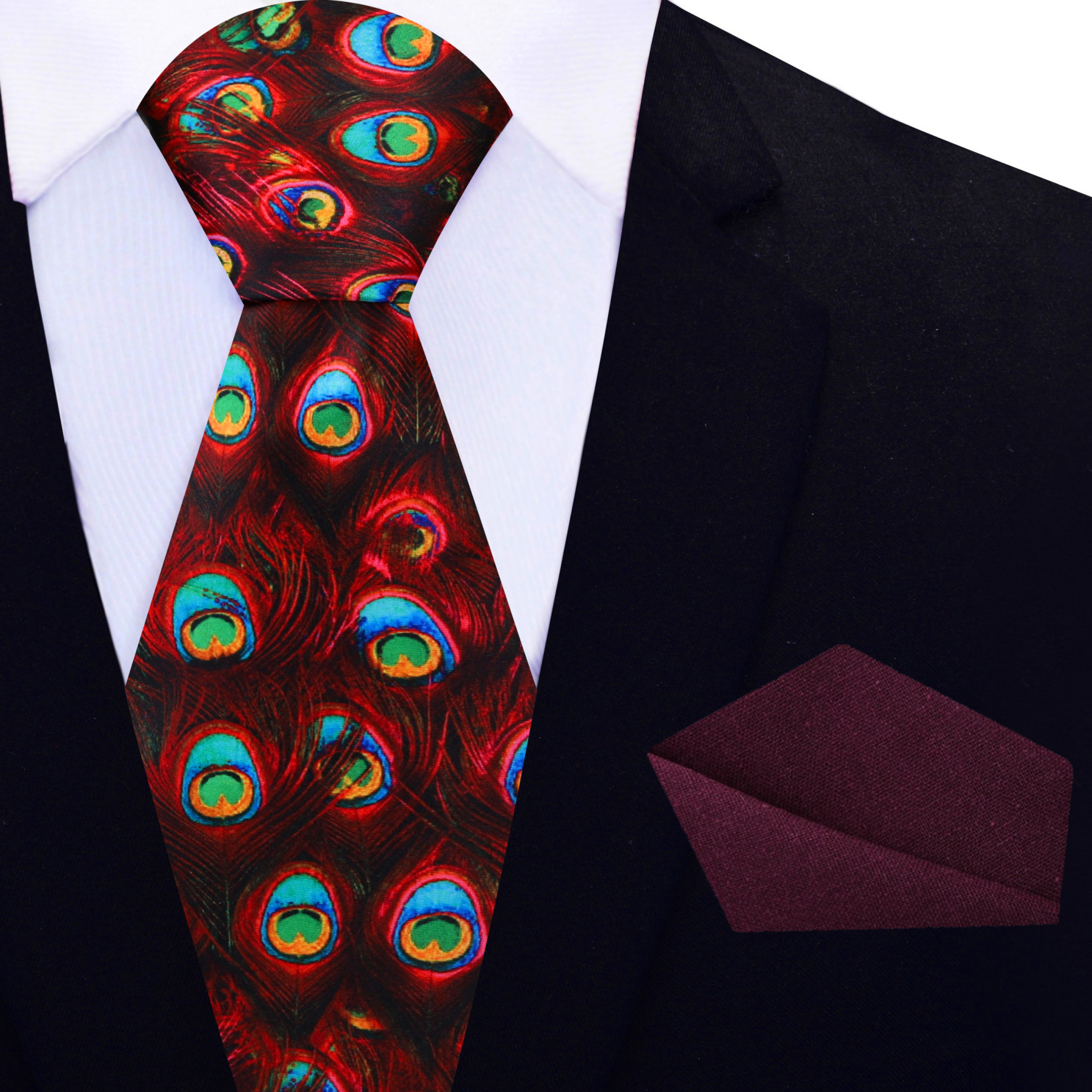 Styling the Deep Red Peacock Feather Silk Tie with a light gray suit for a modern look.