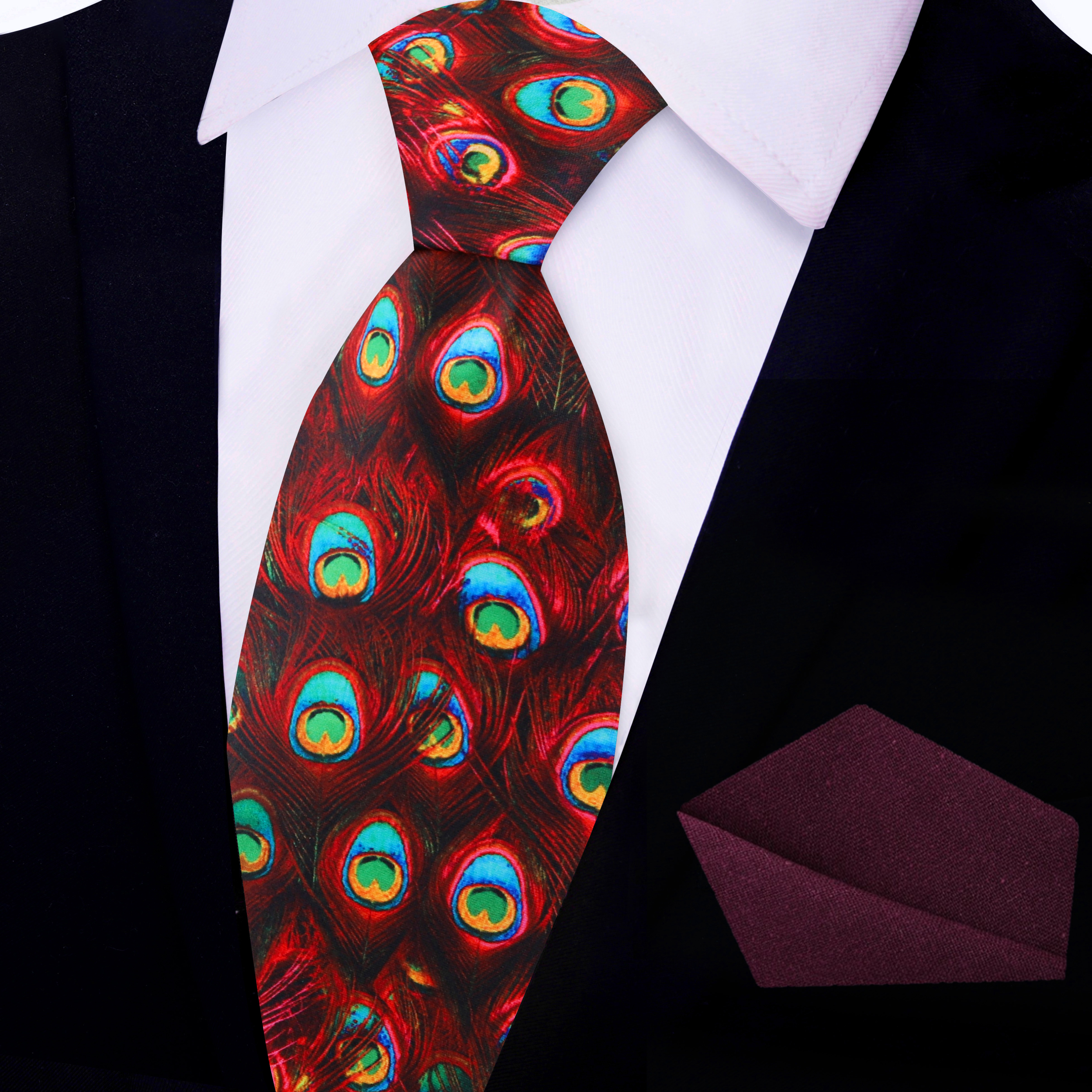 Deep Red Peacock Feather Silk Tie paired with a crisp white dress shirt at a wedding.