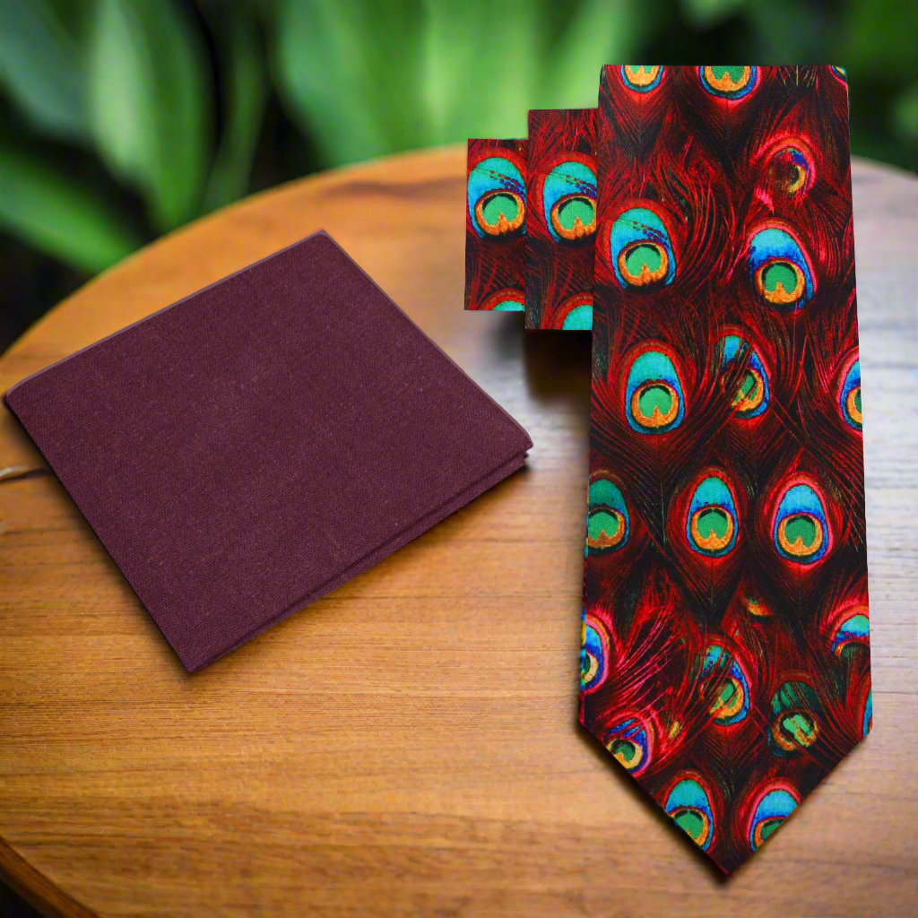 Deep Red Peacock Feather Silk Tie paired with a crisp white dress shirt at a wedding.