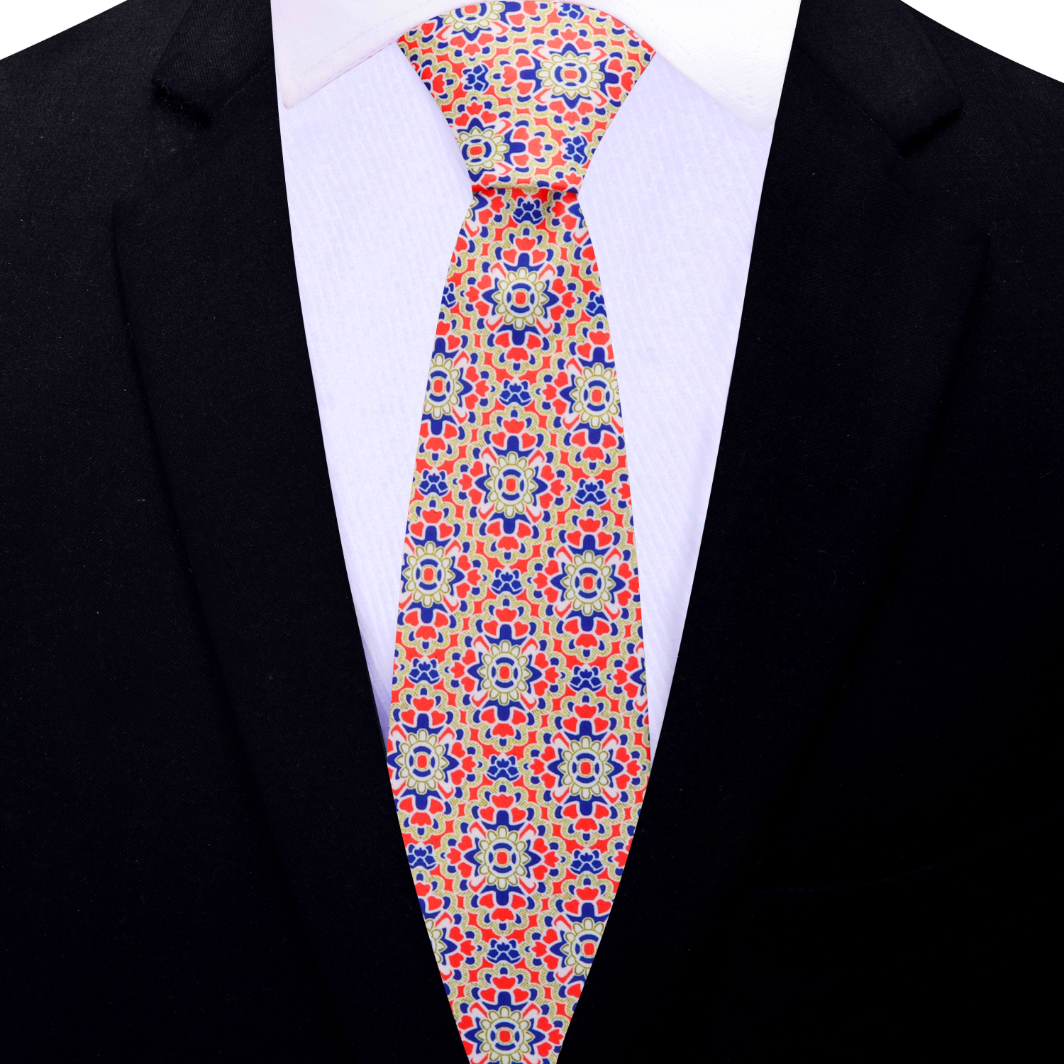 Stylish model wearing the vibrant mosaic necktie paired with a white dress shirt.