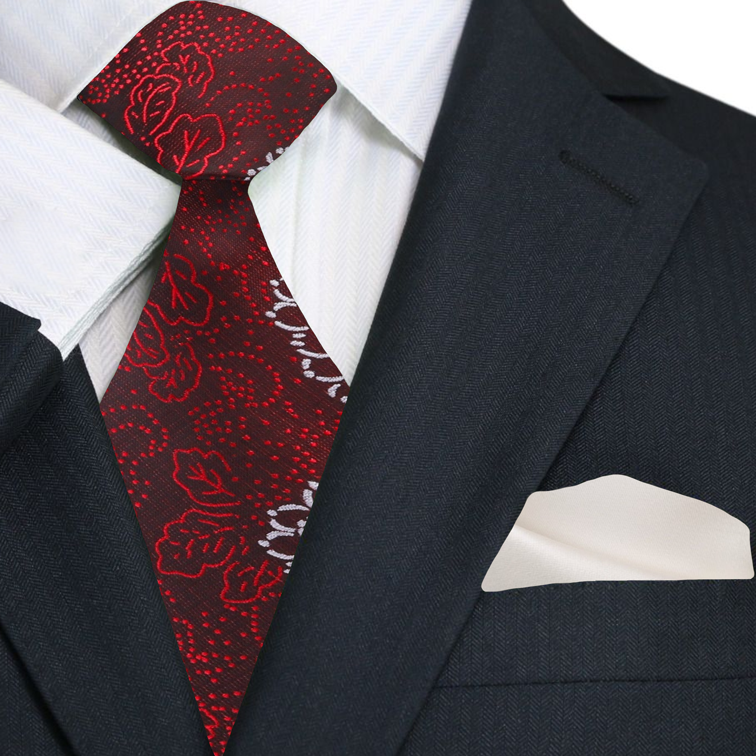 Close-up of the red tie showcasing intricate Zinnia flowers.