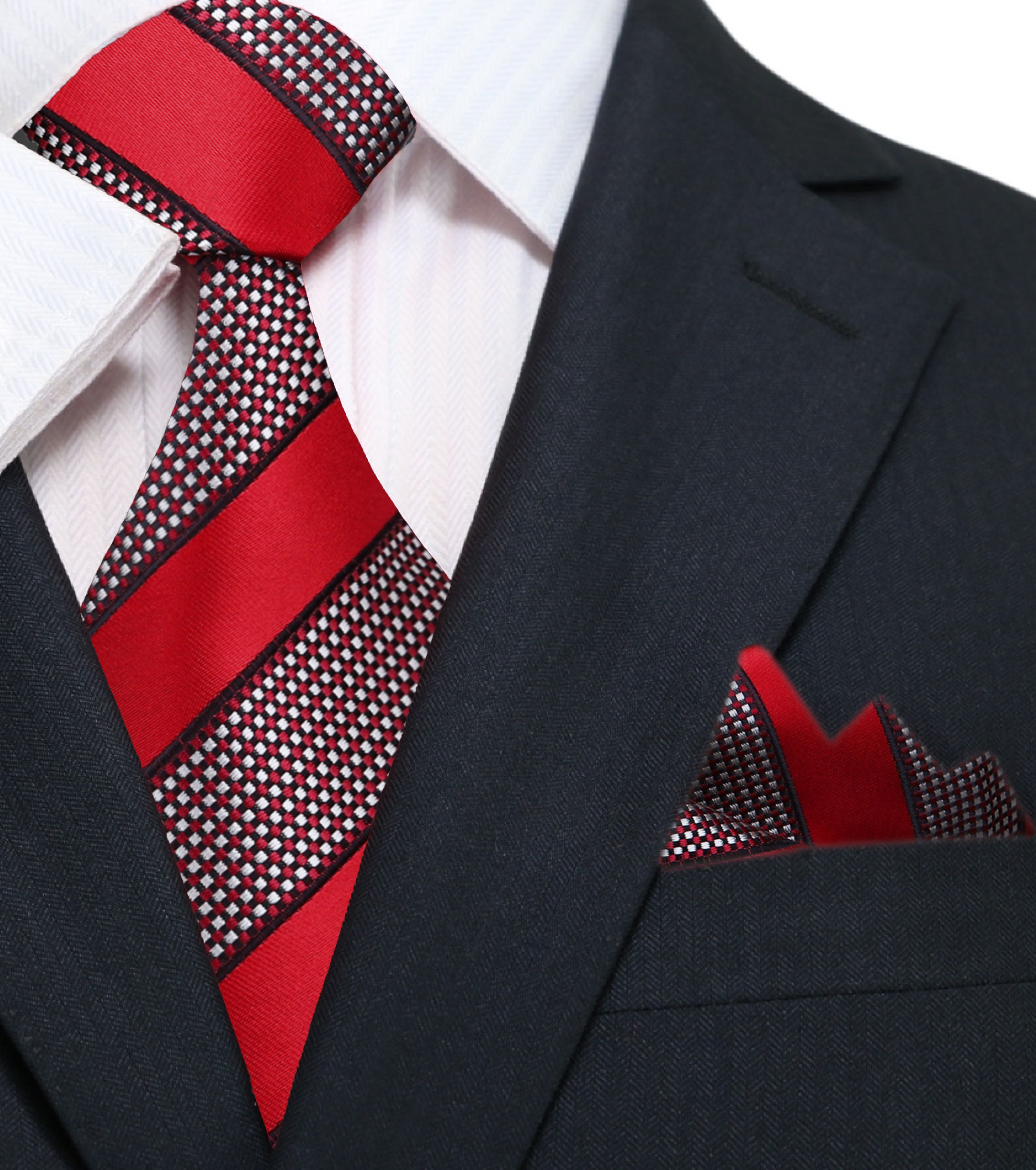 Flat lay of the elegant striped silk necktie alongside a white dress shirt and cufflinks.