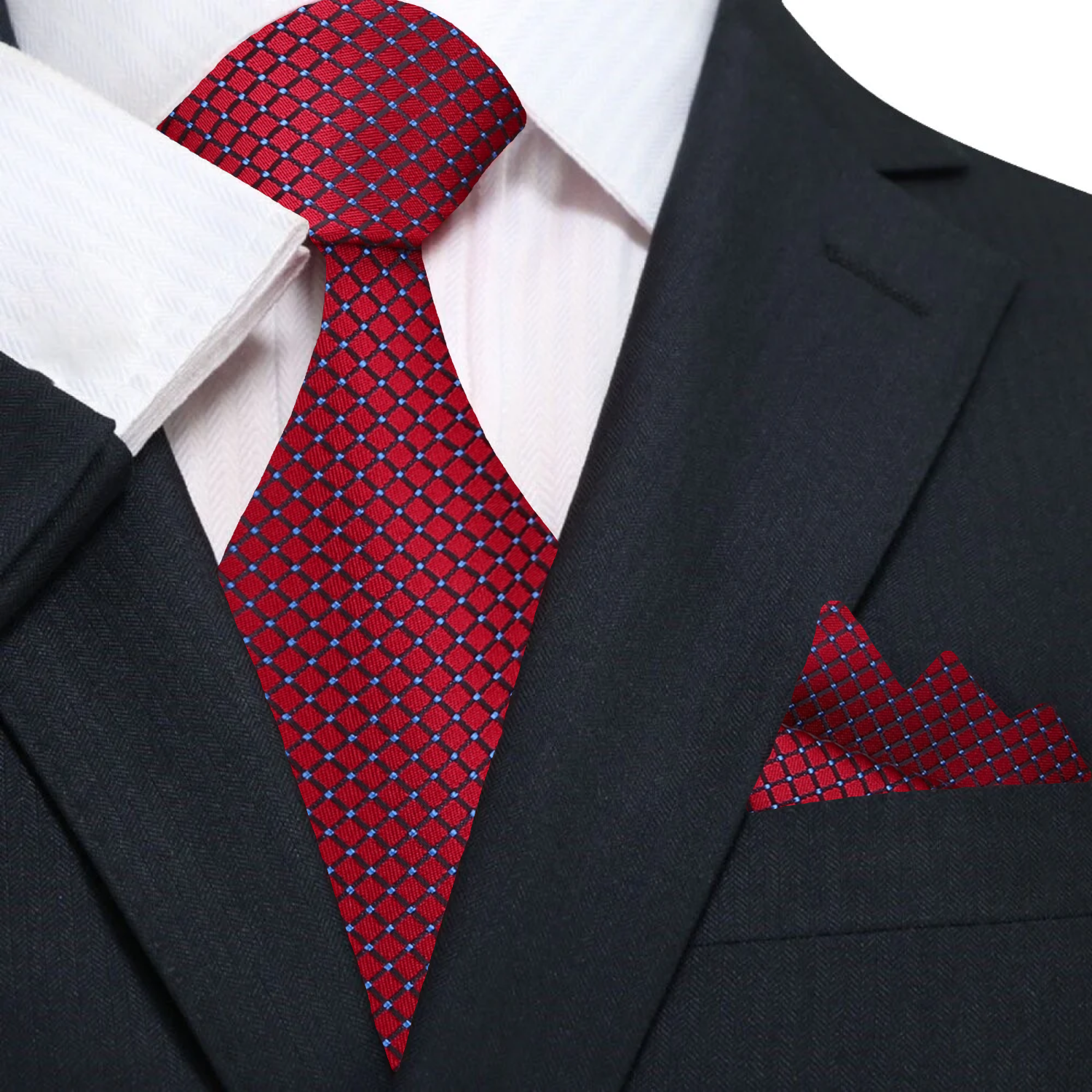 Model wearing an elegant deep red geometric silk necktie paired with a navy suit at a wedding.
