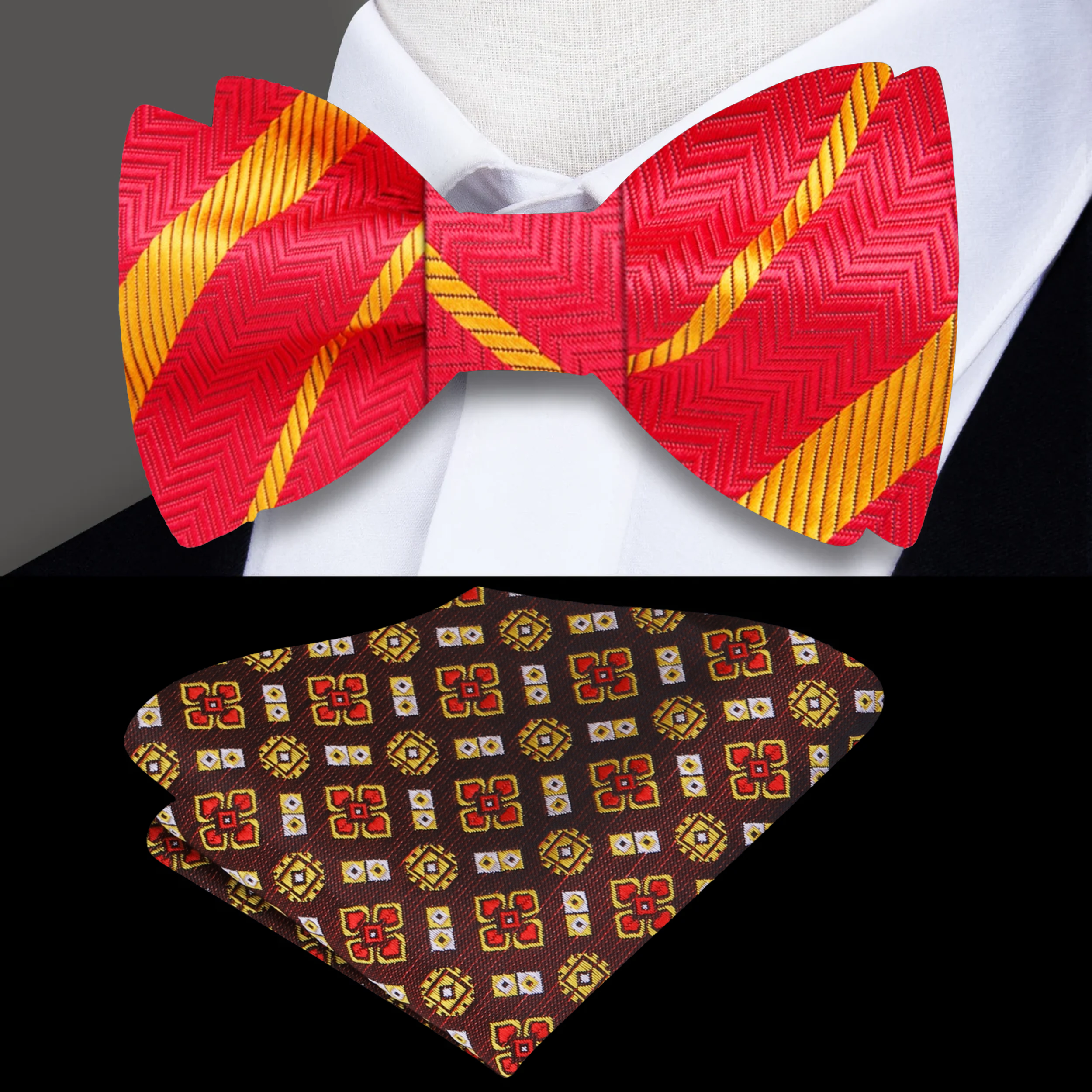 Close-up of the elegant gold striped self-tie bow tie showcasing its rich red fabric and gold stripes.