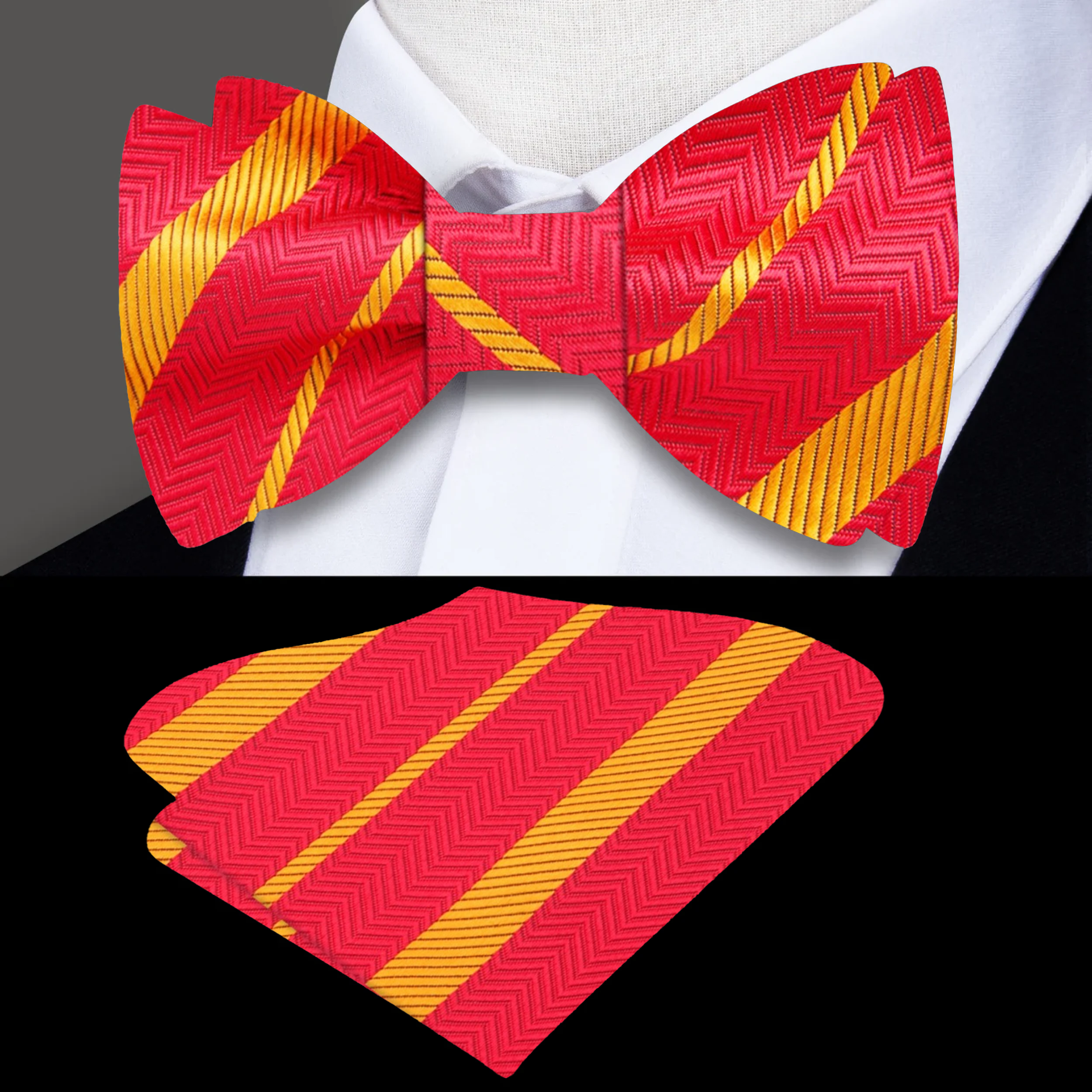 Self-tie bow tie paired with a crisp white dress shirt, highlighting its versatility for formal occasions.