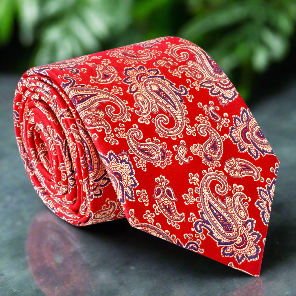 Red paisley silk tie with intricate golden brown and blue patterns, suitable for formal events