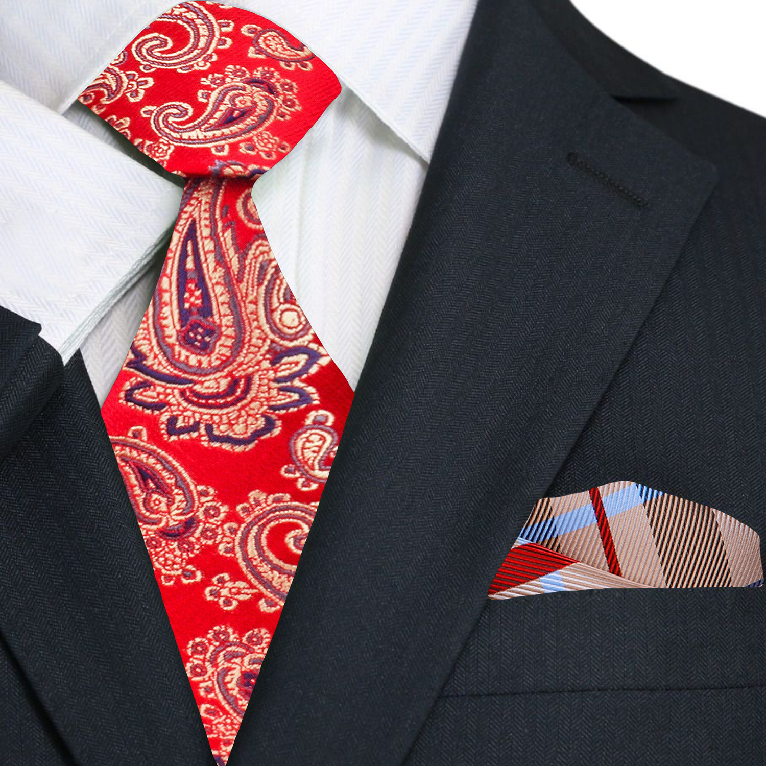 Man tying a red paisley necktie for a wedding or business event