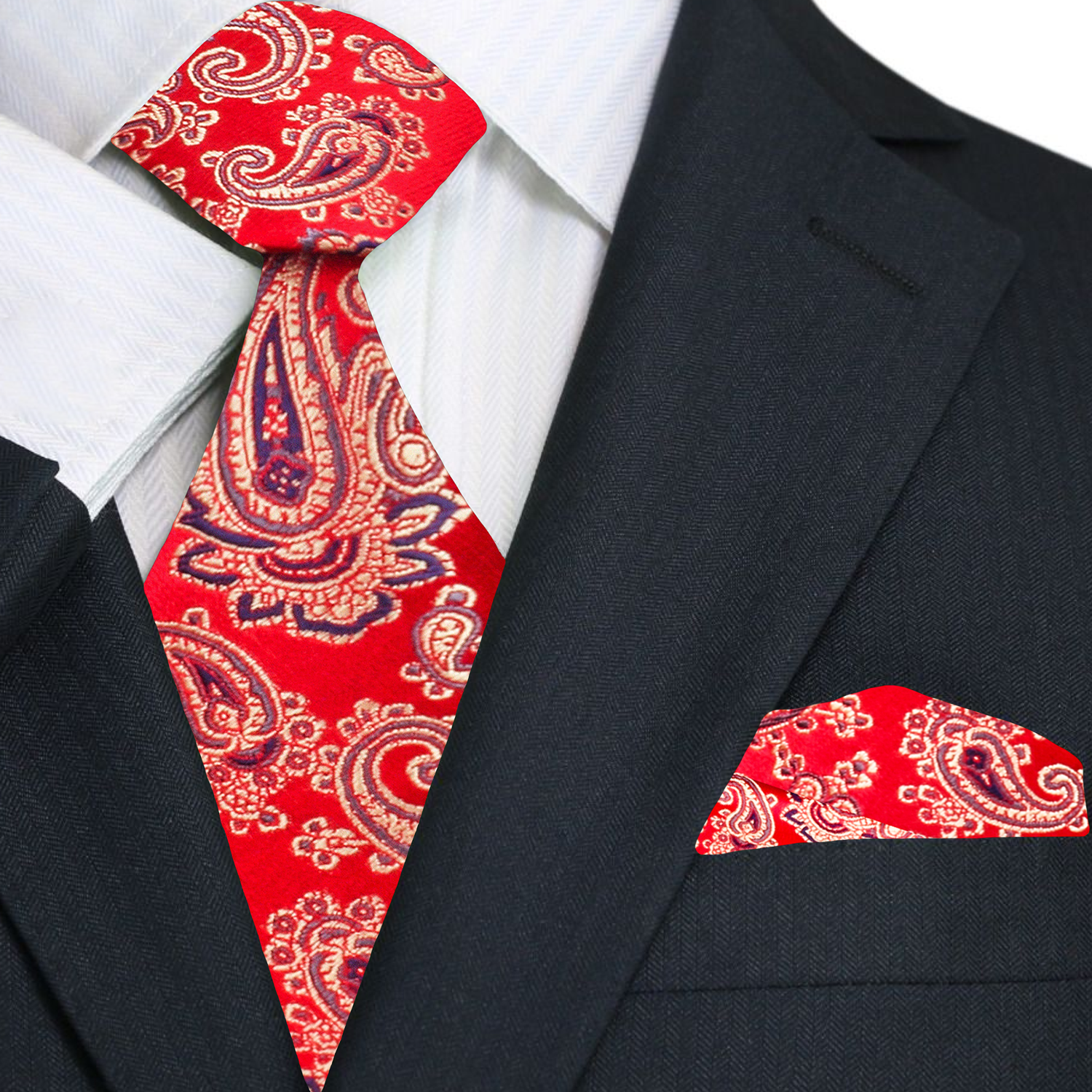 Red paisley silk tie with intricate golden brown and blue patterns, suitable for formal events