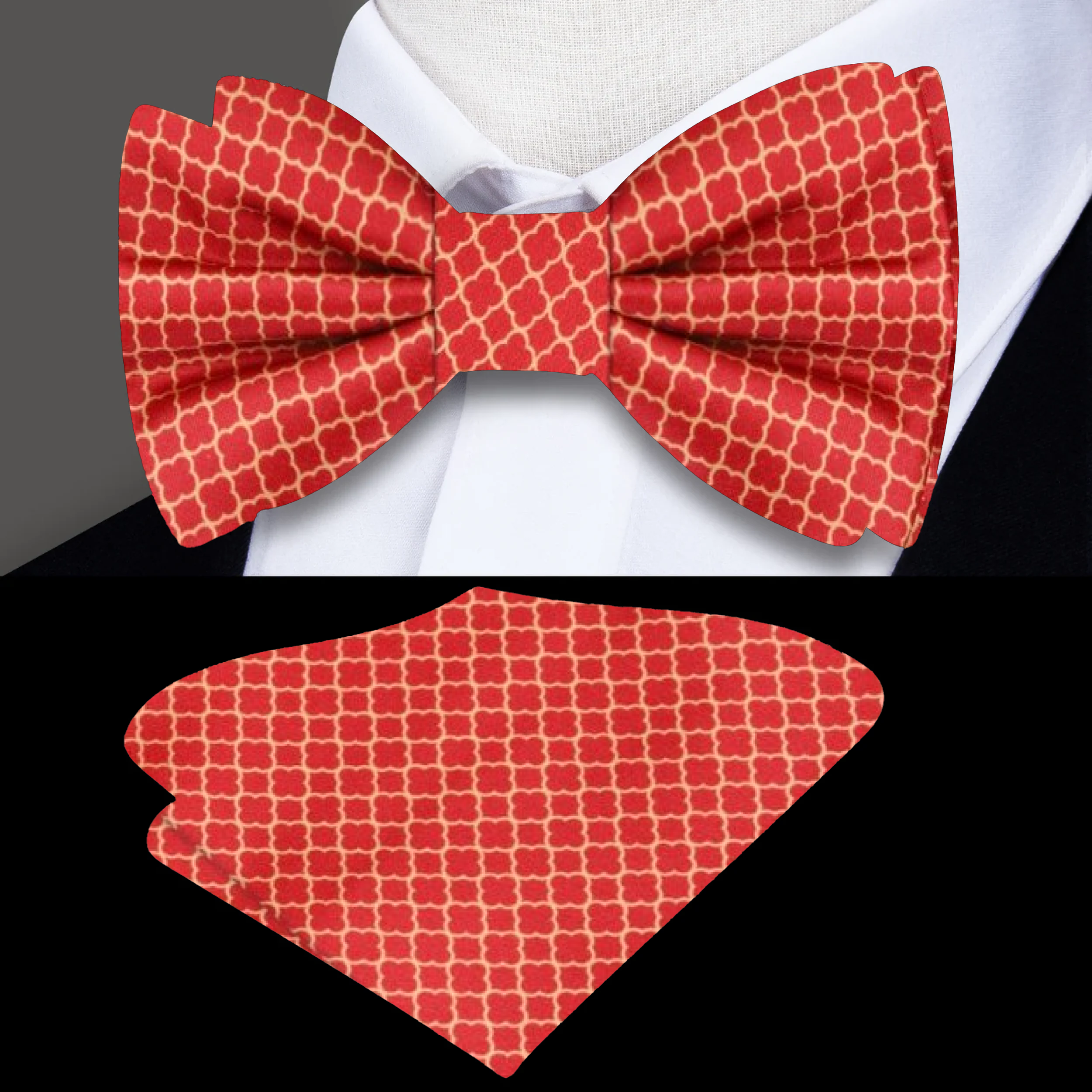 Elegant red bow tie with gold quatrefoil pattern on a tuxedo for black-tie events