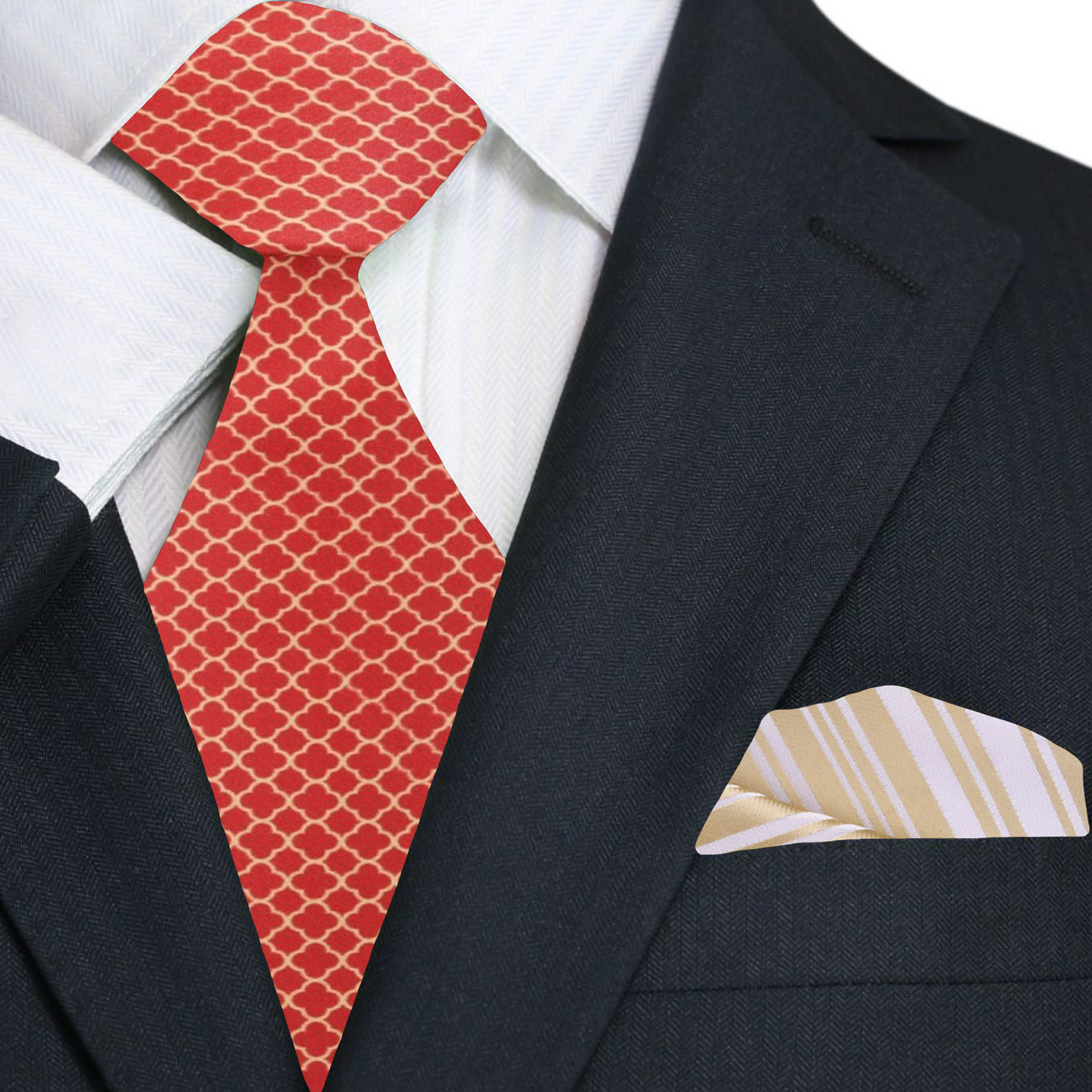Close-up of a silk necktie showing intricate gold quatrefoil design