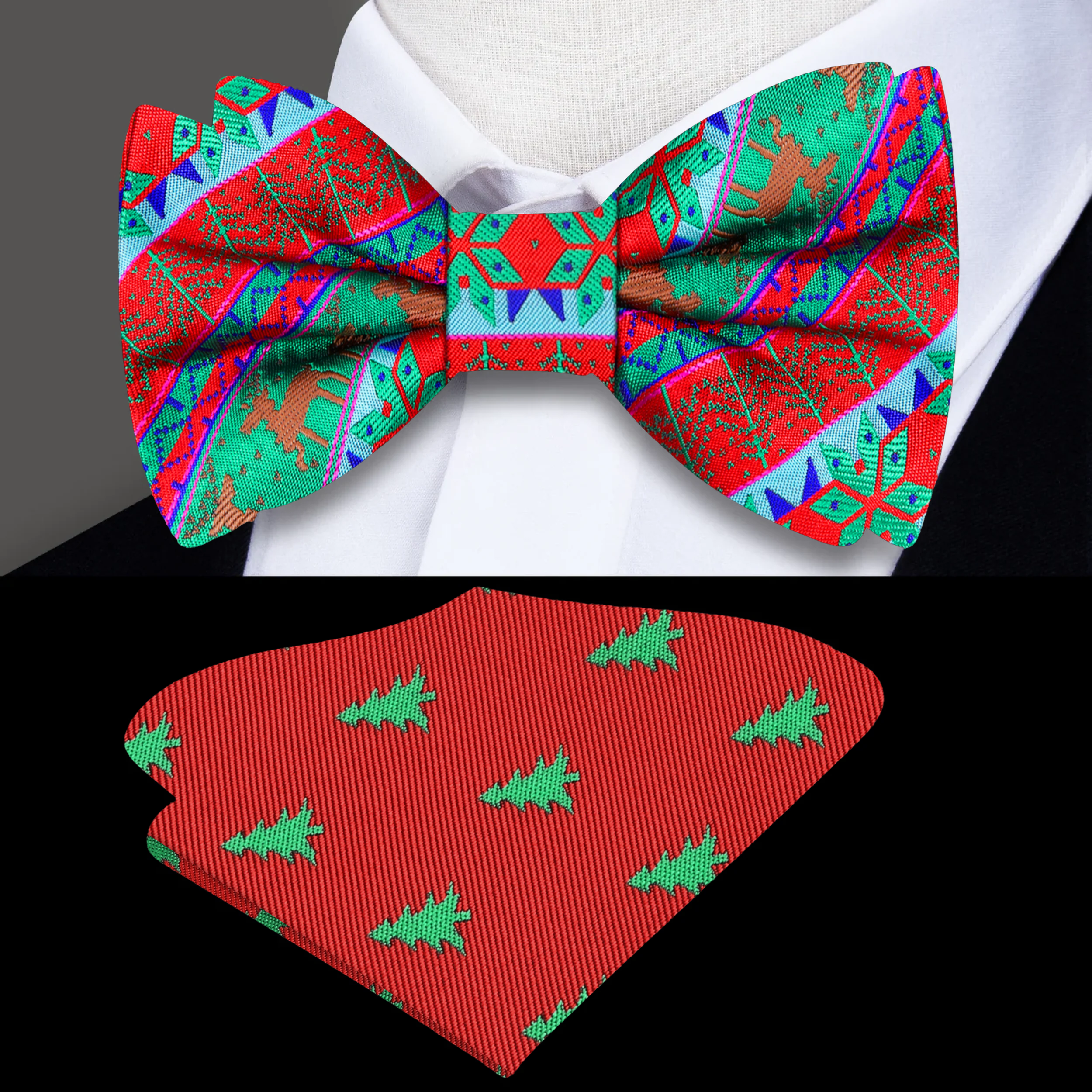 Front view of the Christmas bow tie displaying reindeer and tree motifs on rich silk fabric