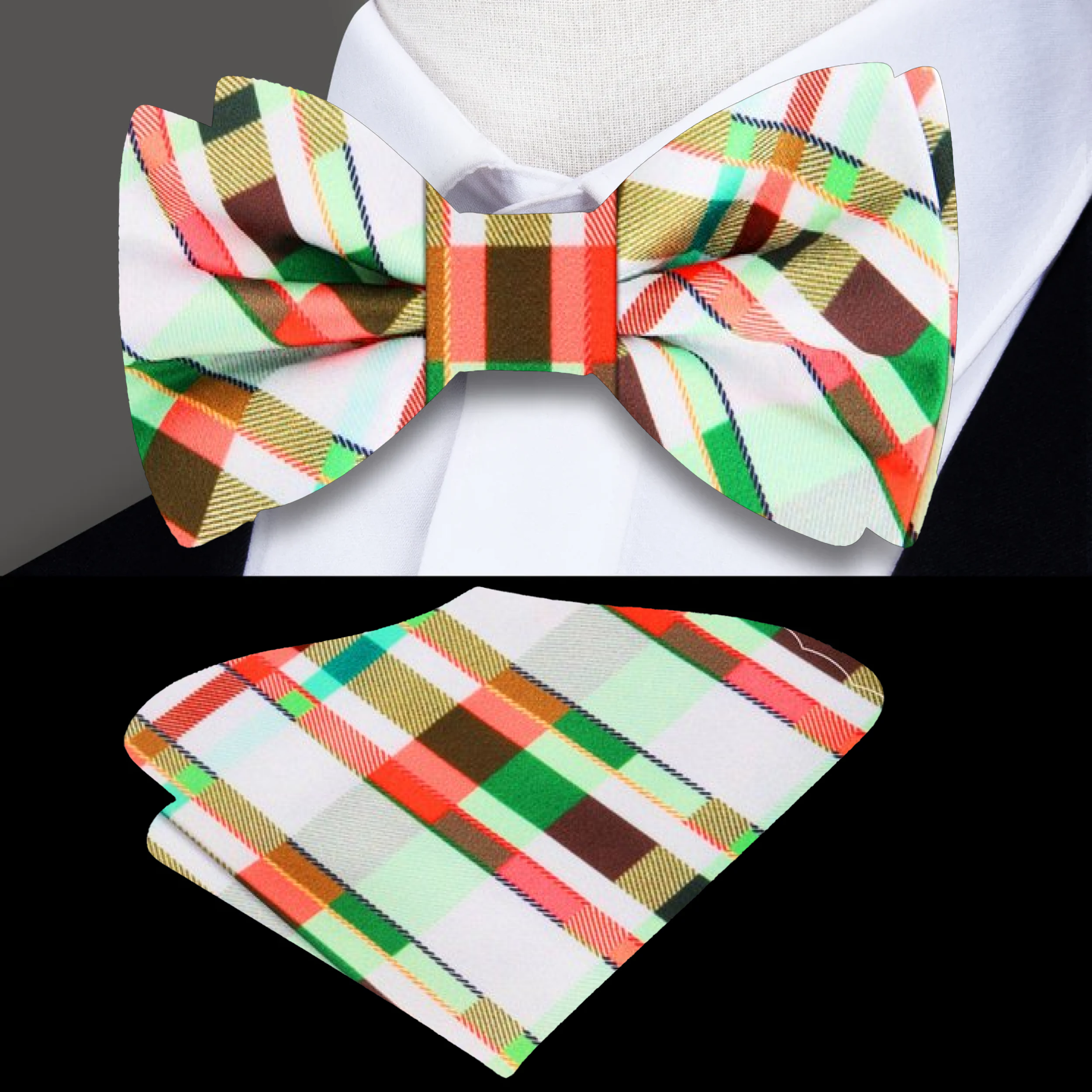 Elegant white plaid bow tie showcasing vibrant colors suitable for formal occasions.
