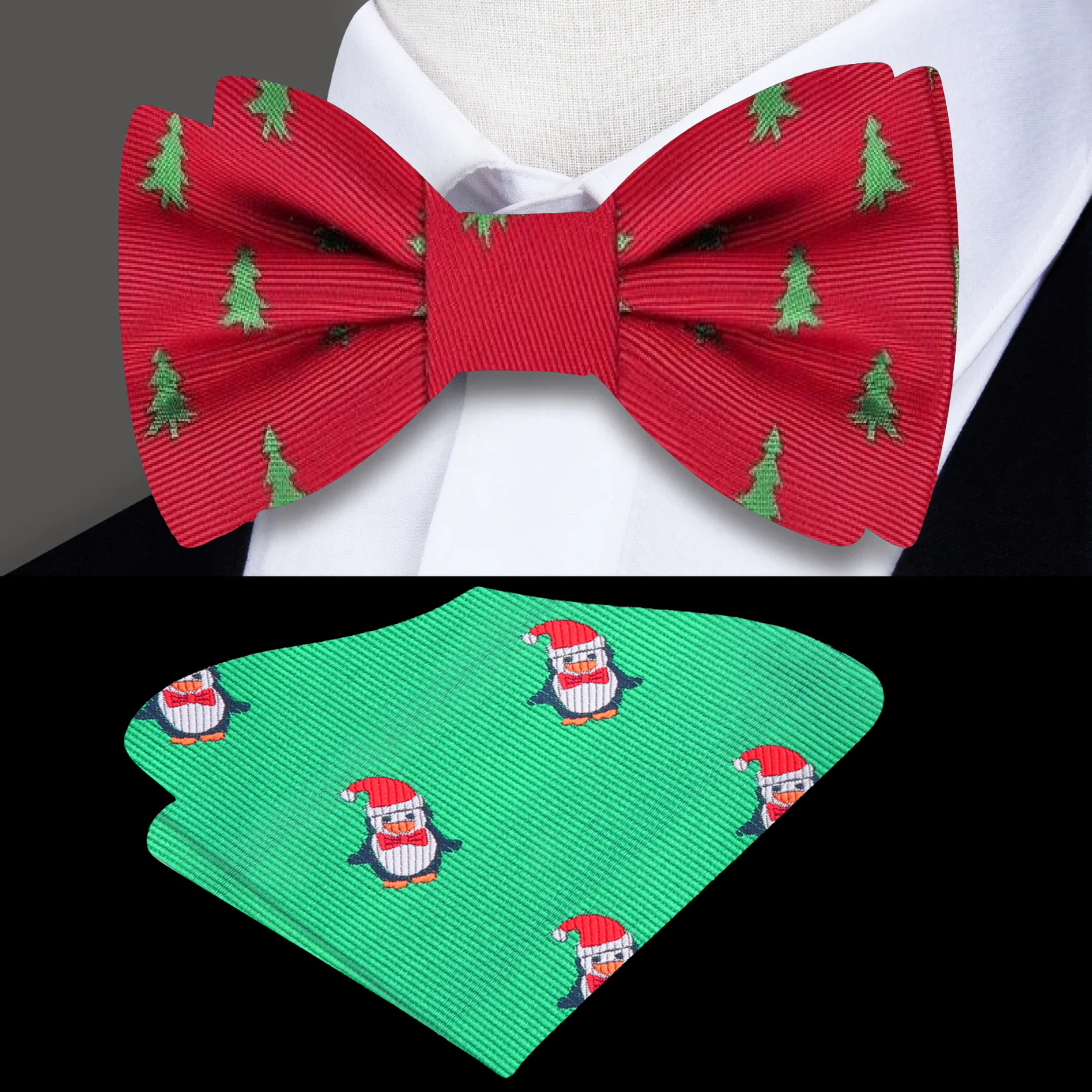 Detailed view of the bow ties silk material and festive pattern.