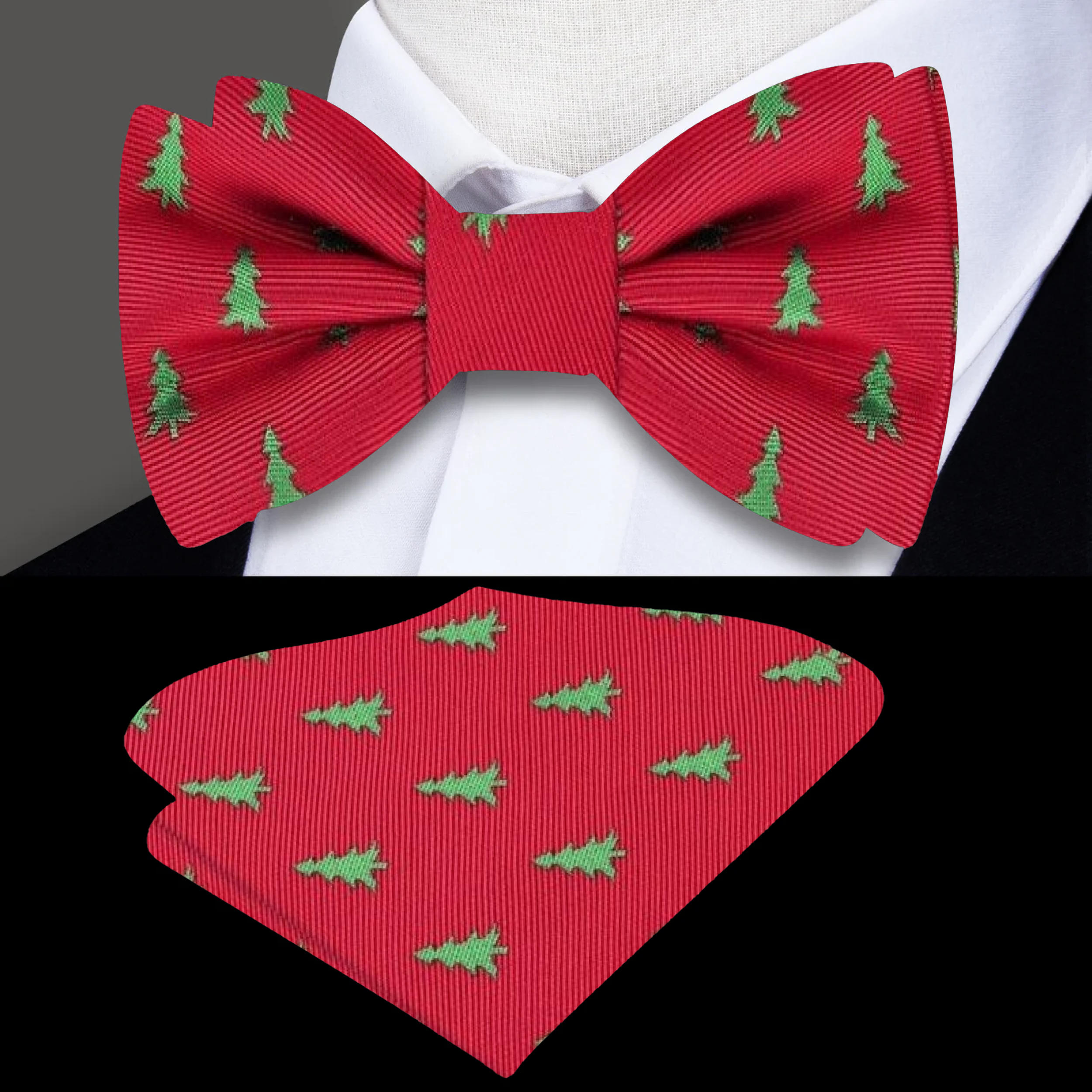 Close-up of red bow tie with green Christmas trees, perfect for holiday fashion.