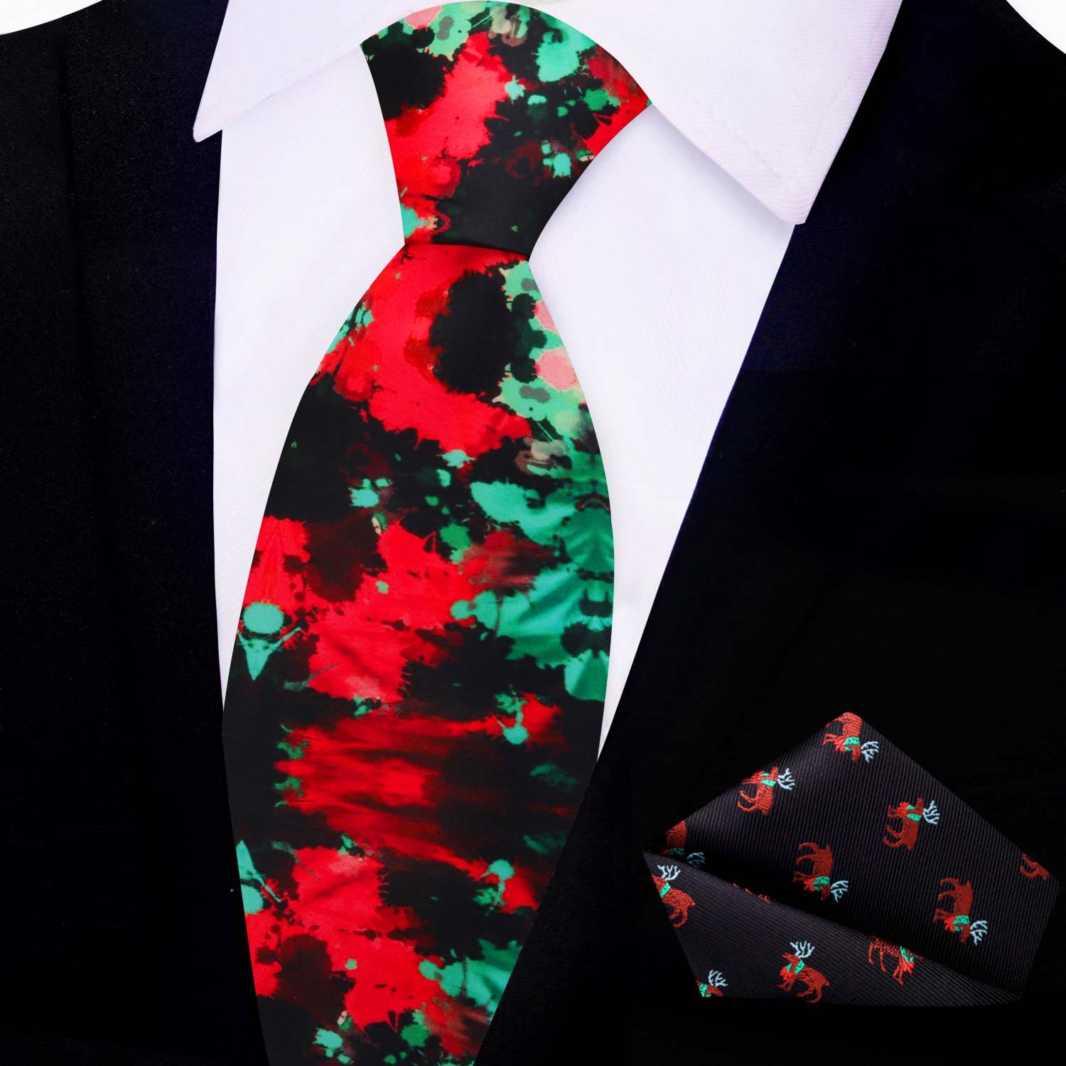 Styled image showing the abstract silk tie with a black dress shirt