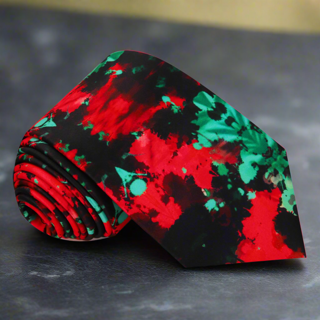 Styled image showing the abstract silk tie with a black dress shirt