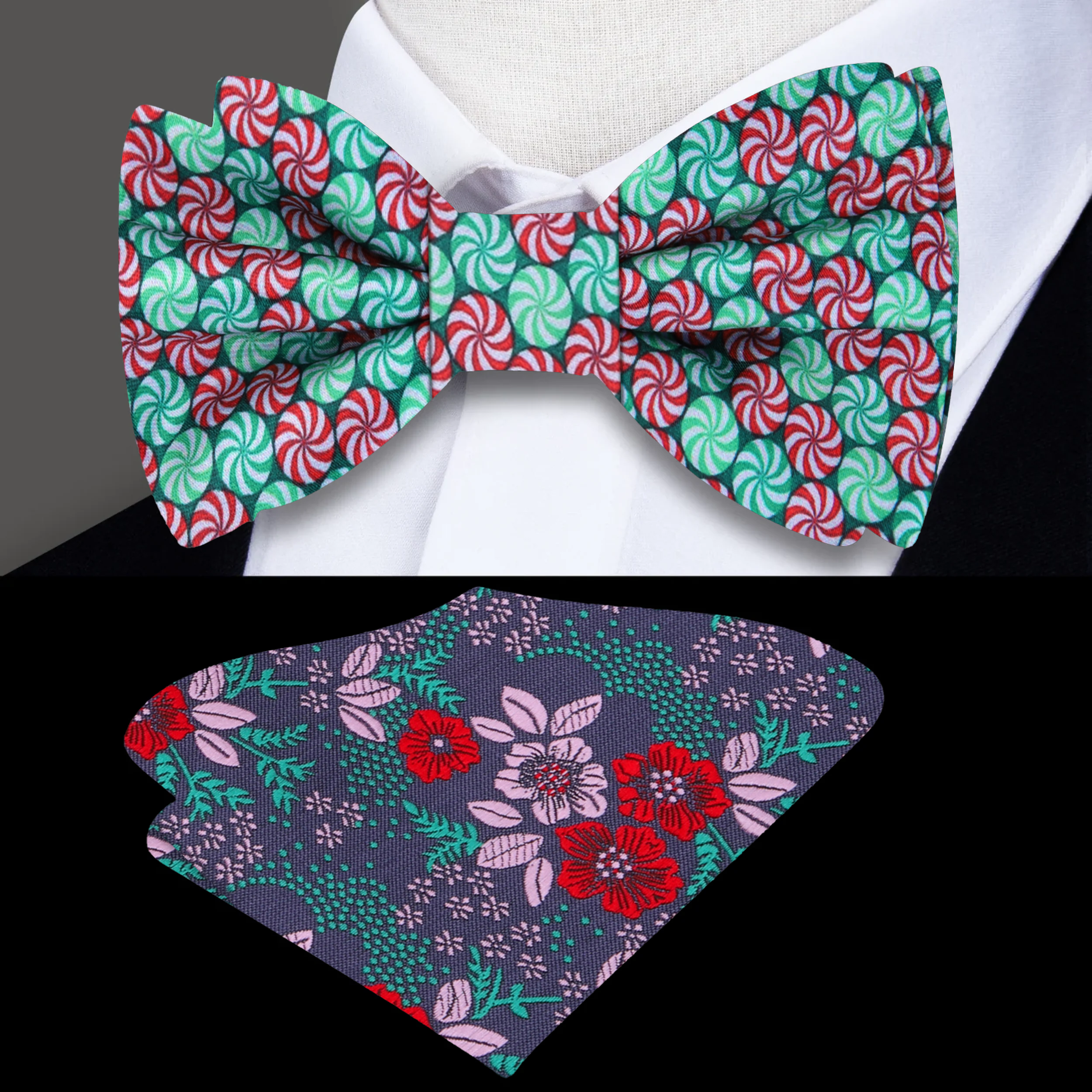 Close-up of Christmas Candy Bow Tie with vibrant red, green, and white candy pattern