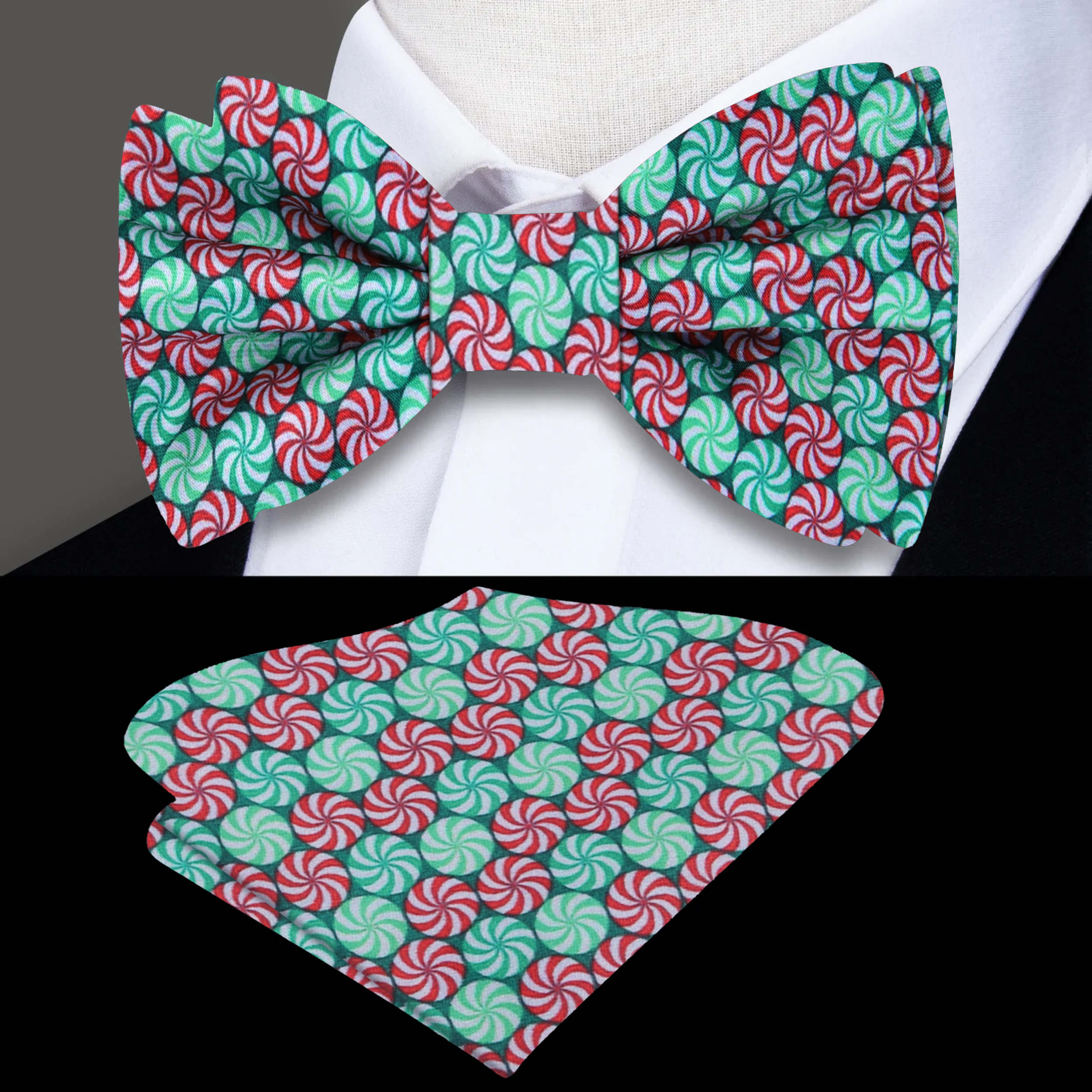 Man wearing Christmas Candy Bow Tie with navy suit at holiday party
