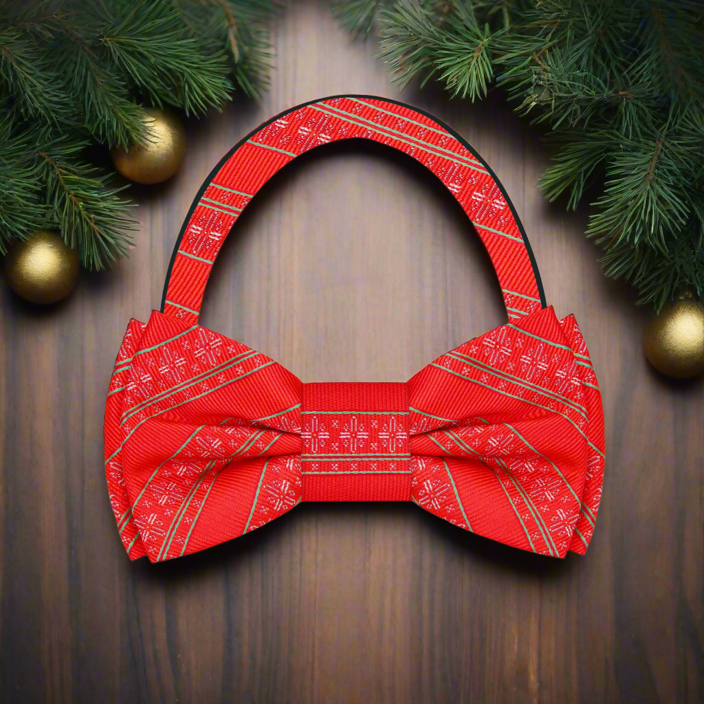 Close-up of red green snowflake bow tie highlighting the intricate design