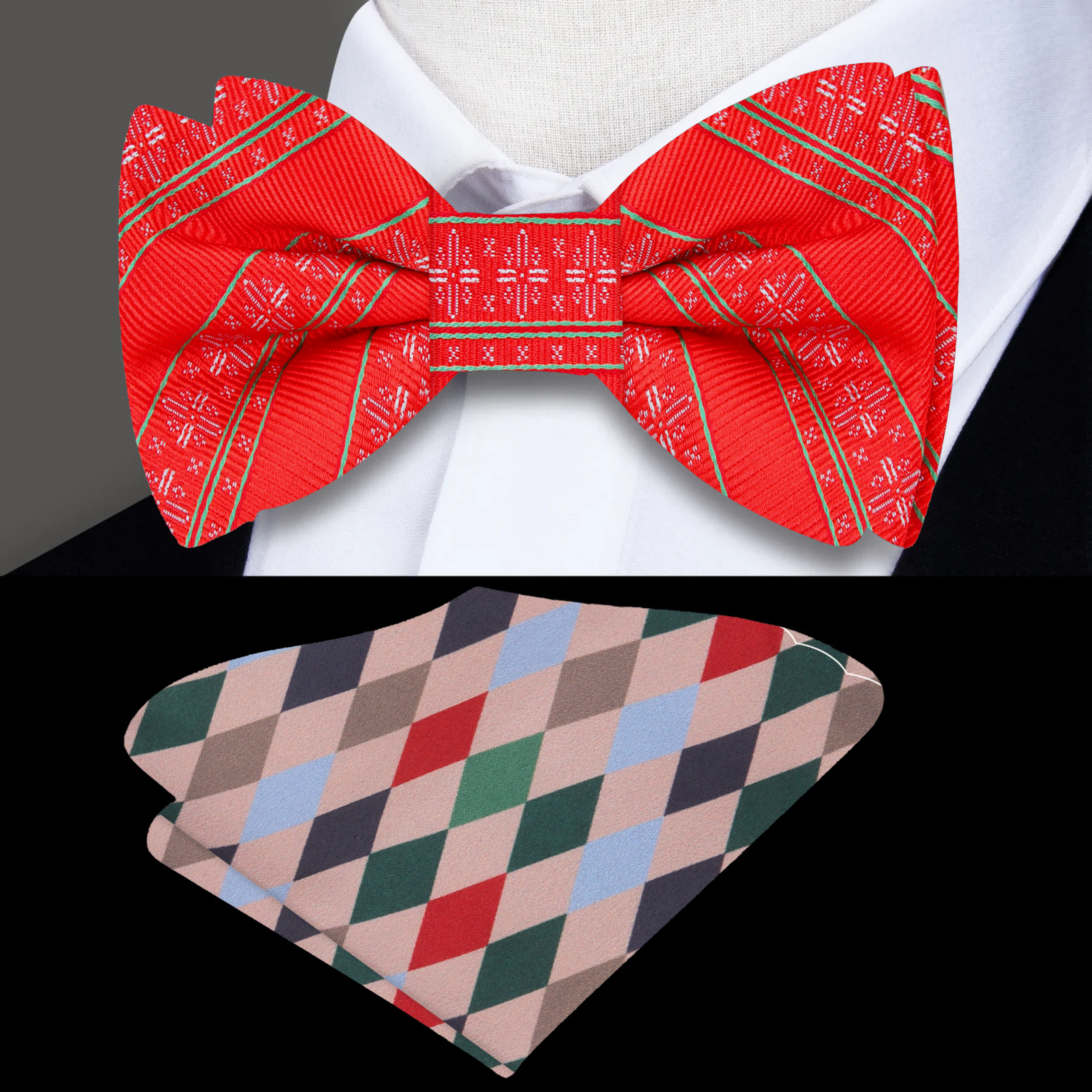 Festive silk snowflake bow tie displayed on a white shirt