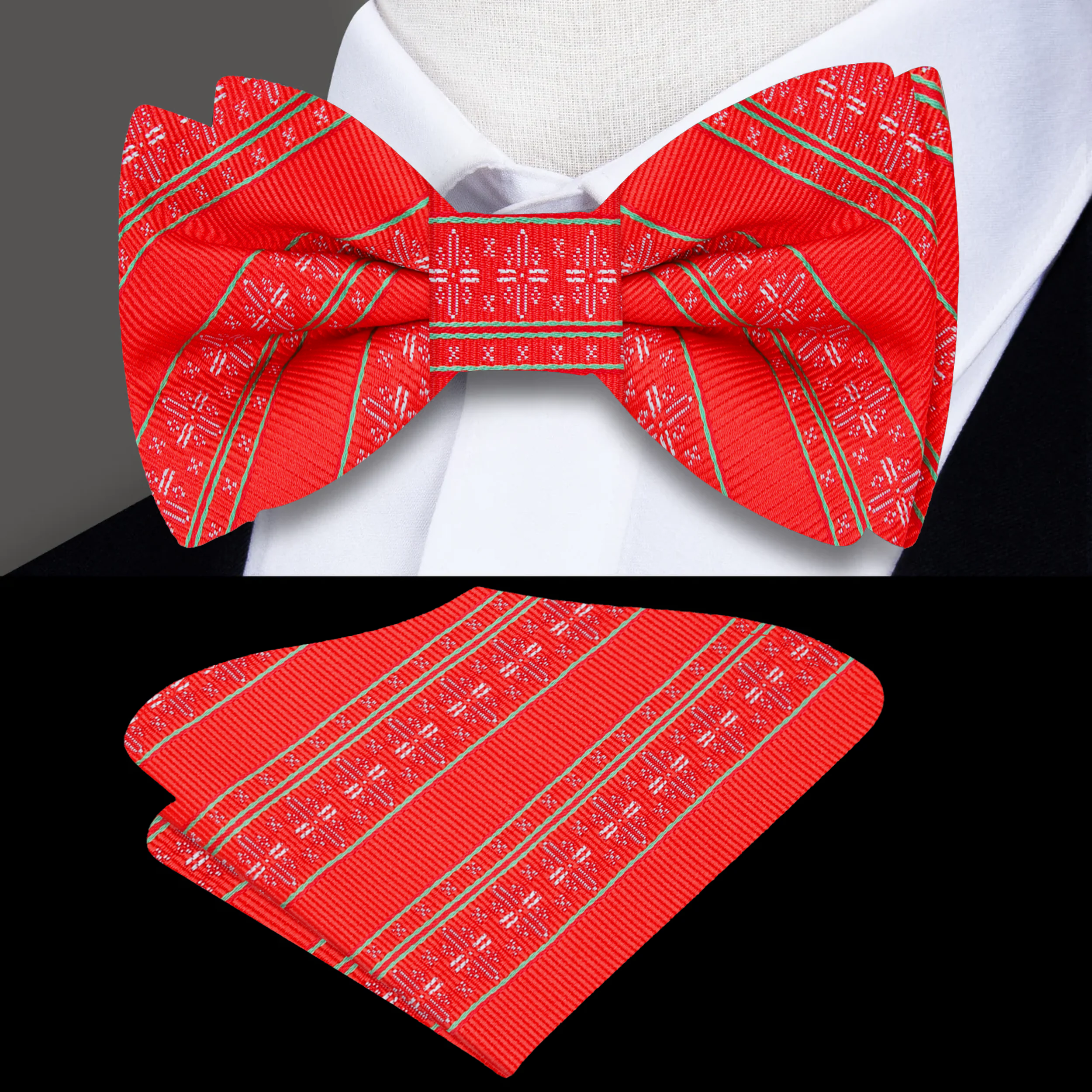 Christmas bow tie and pocket square set in a holiday setting