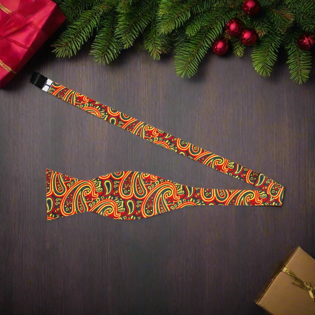 Close-up of the intricate paisley pattern on a vibrant bow tie for special occasions