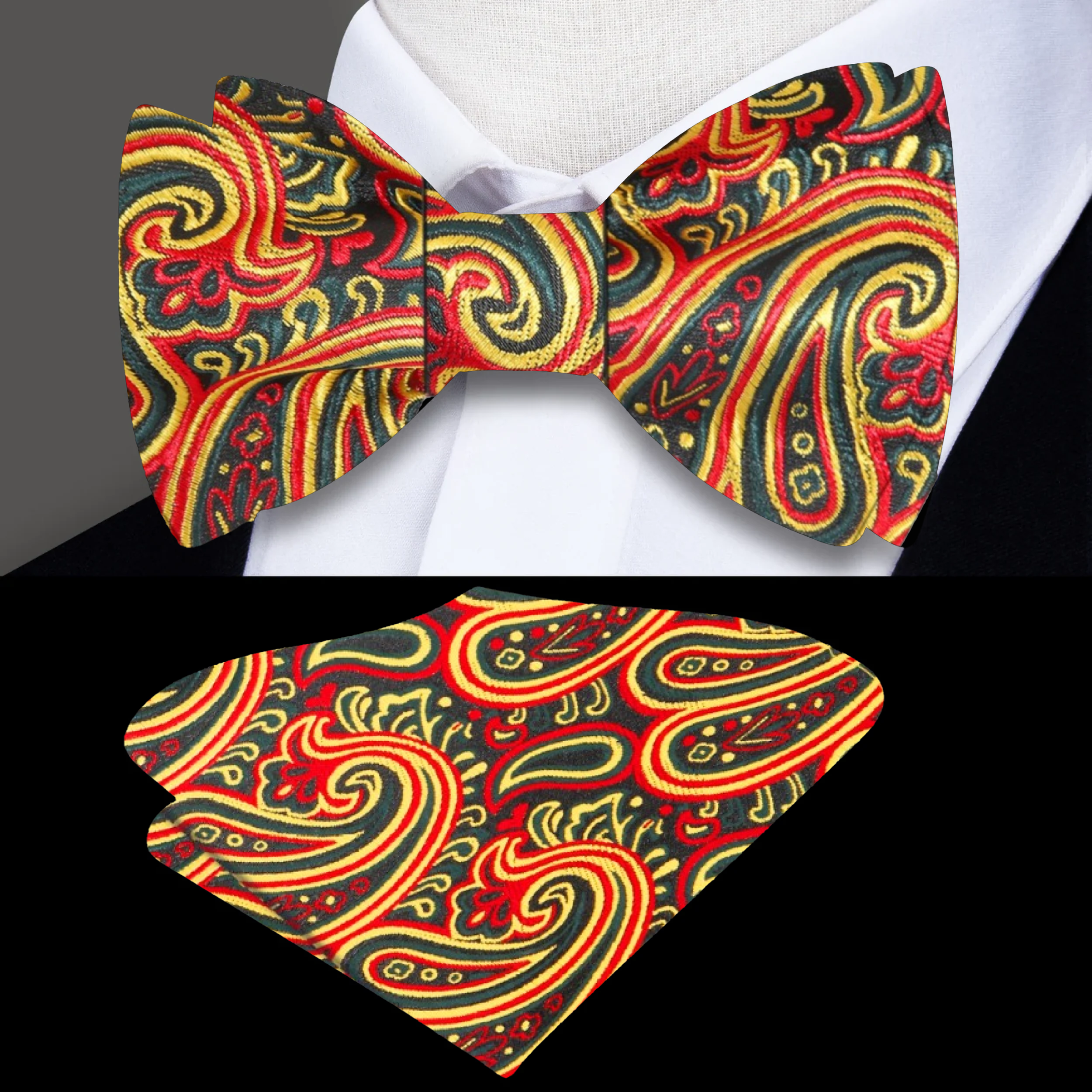 Wearing a silk paisley bow tie with a navy suit at a formal gala