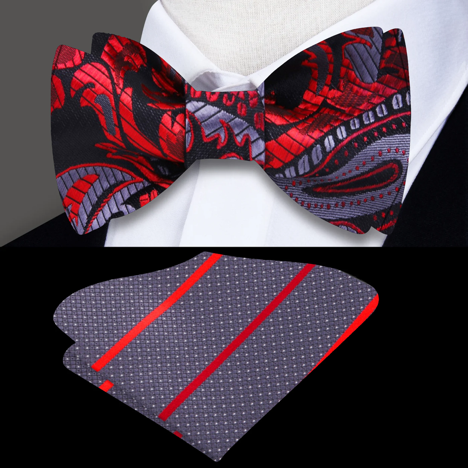 Elegant paisley self-tie bow tie with adjustable fit in red, black, and grey