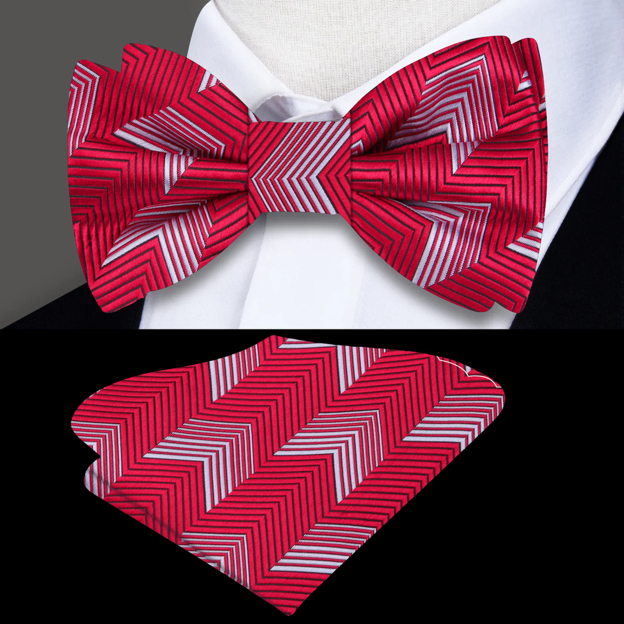 Styled image of a man wearing a red chevron bow tie with silver accents at a wedding