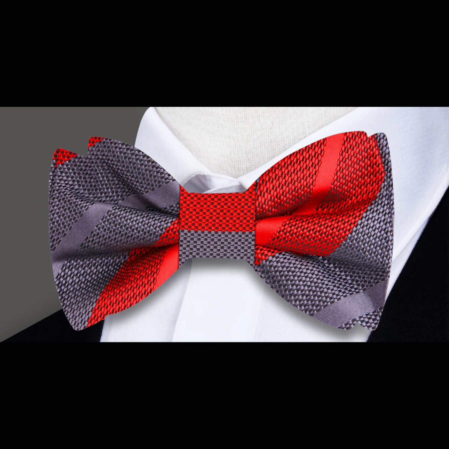 Elegant grey and pink striped silk bow tie styled with a white dress shirt for weddings