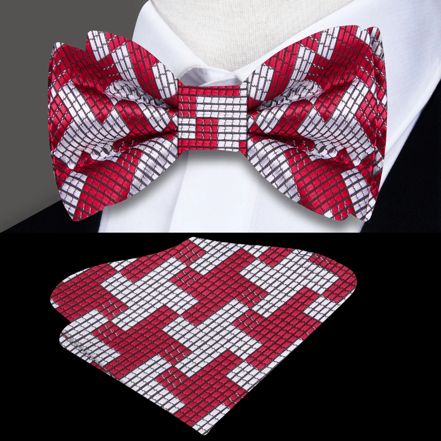 Model wearing a silk houndstooth bow tie with a classic white dress shirt