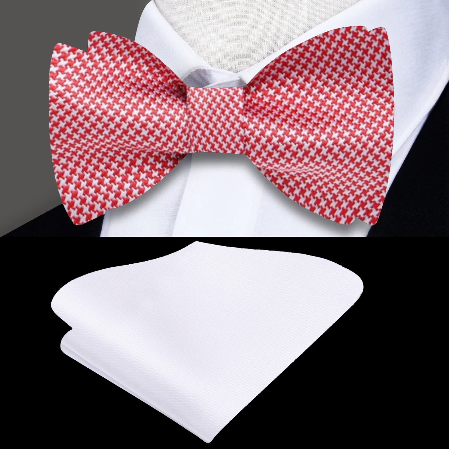 Close-up of a red houndstooth silk bow tie on a dress shirt for formal events