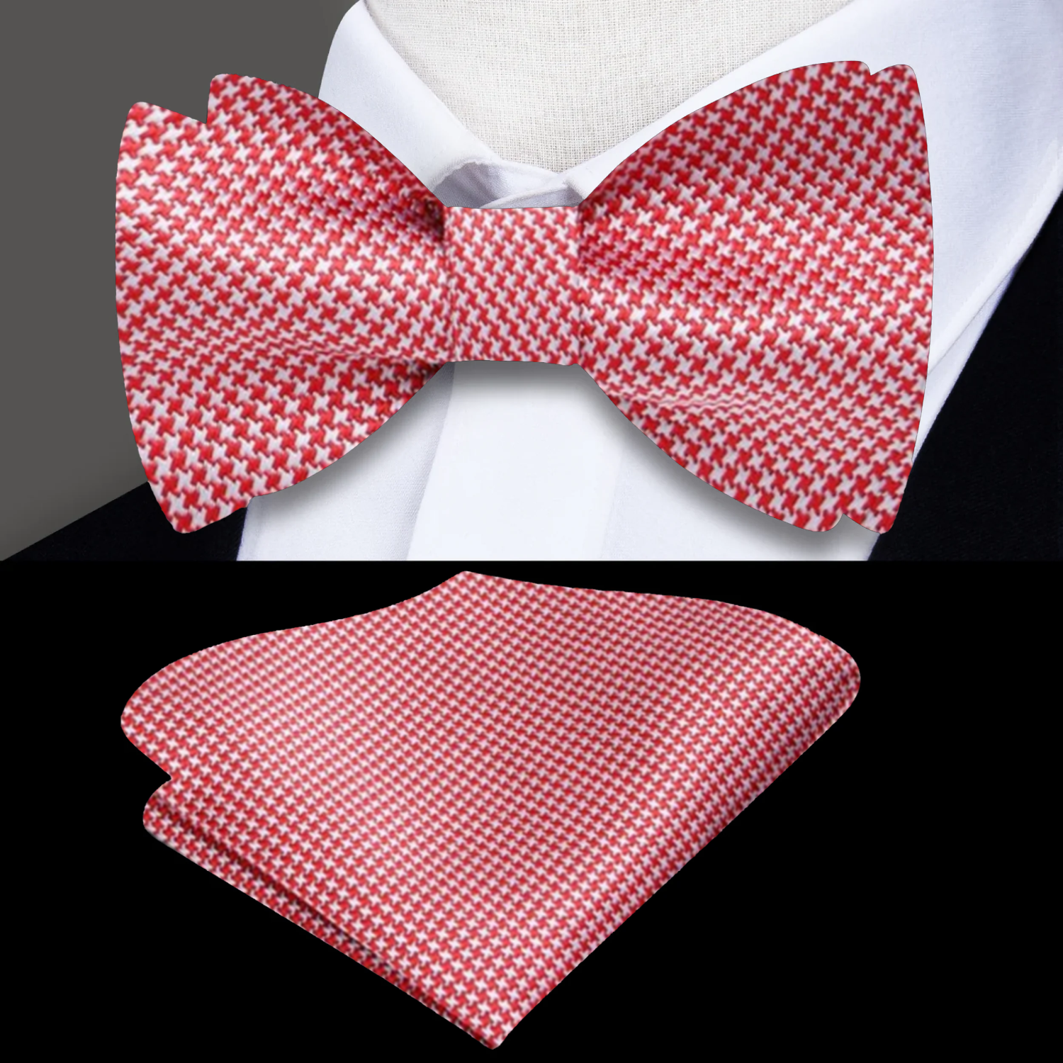 Self-tie houndstooth silk bow tie paired with a navy suit for wedding attire