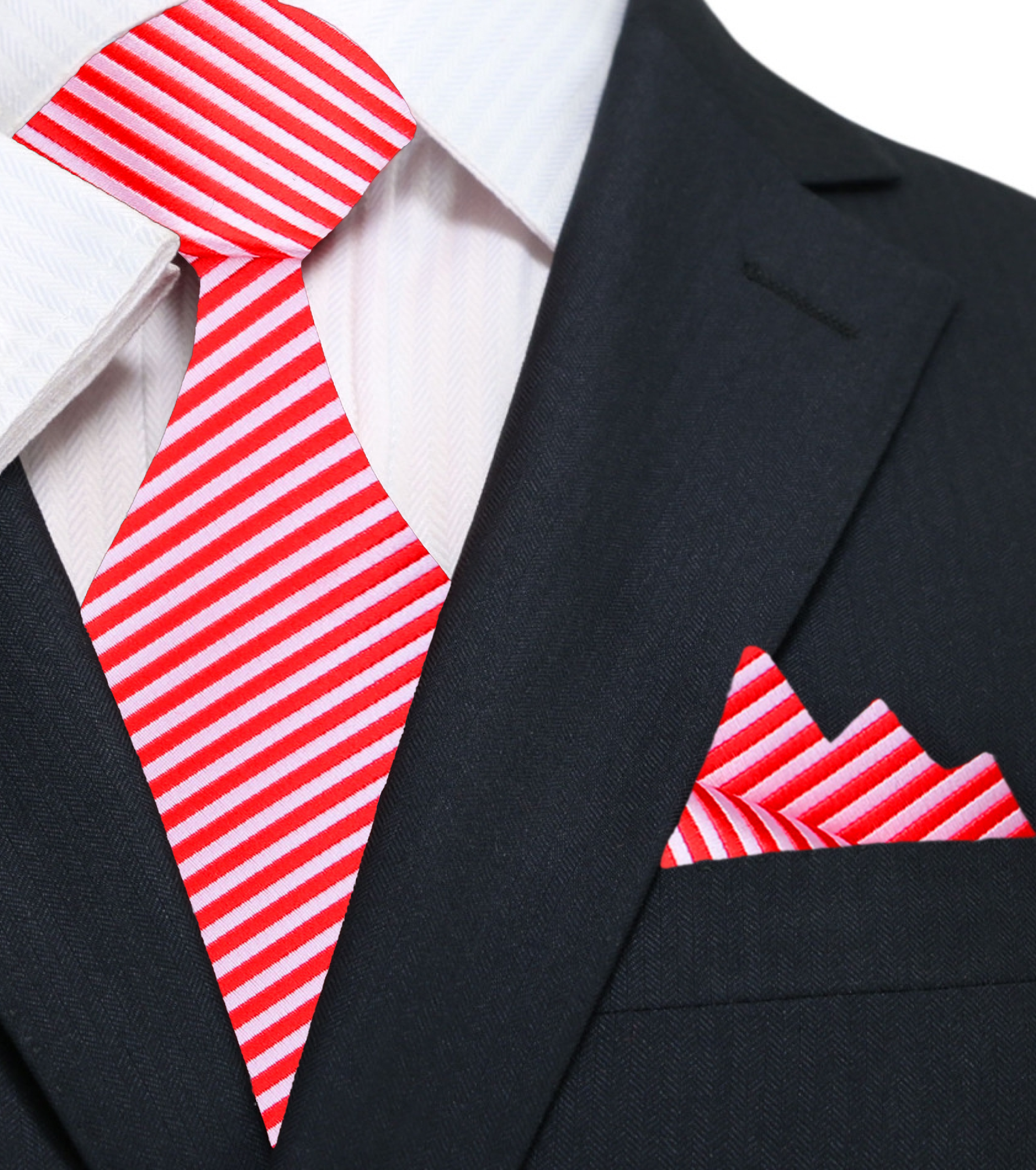 Dark blue pinstripe necktie styled with a charcoal suit for a formal look.