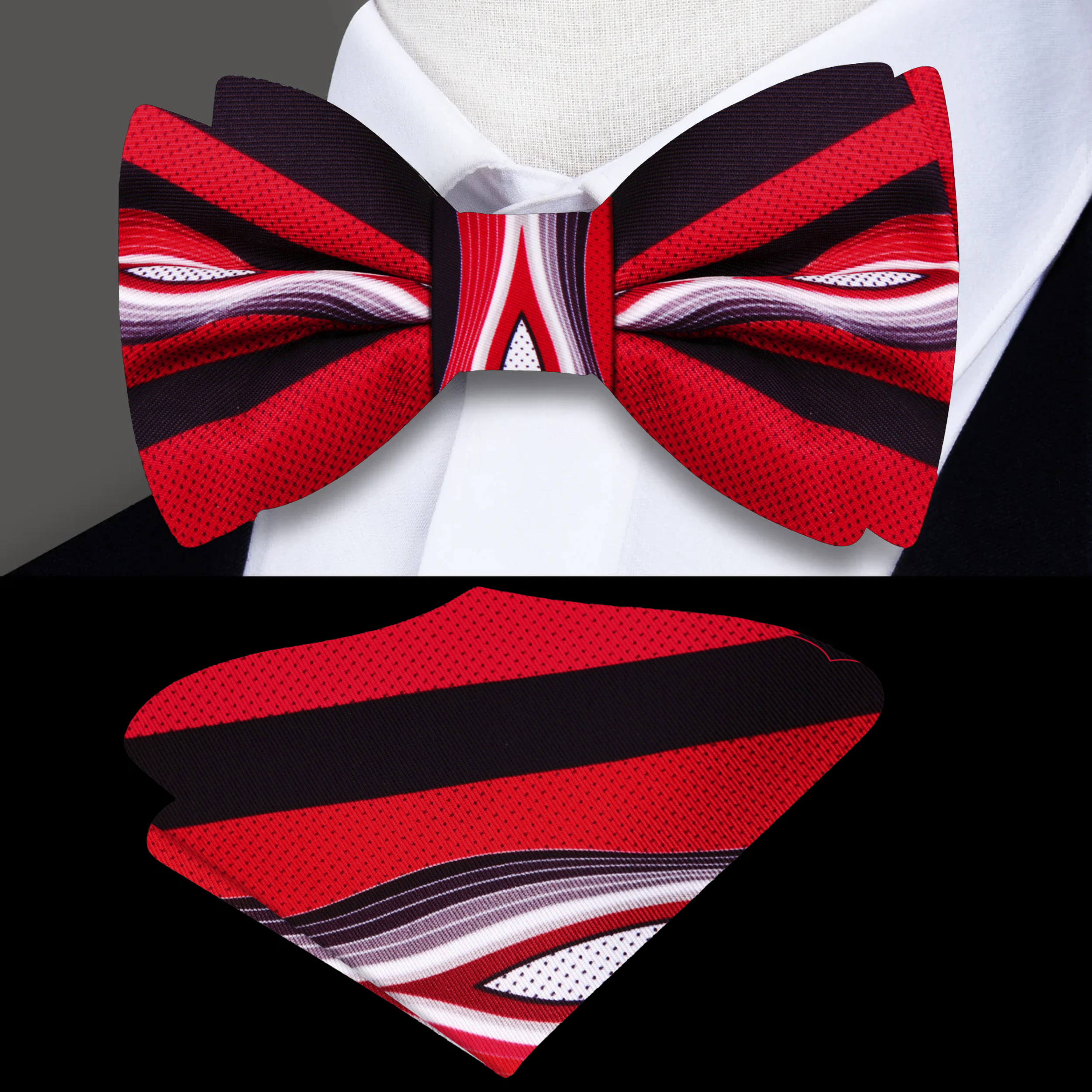 Close-up of the Abstract Waves Silk Bow Tie with pocket square, highlighting the intricate pattern