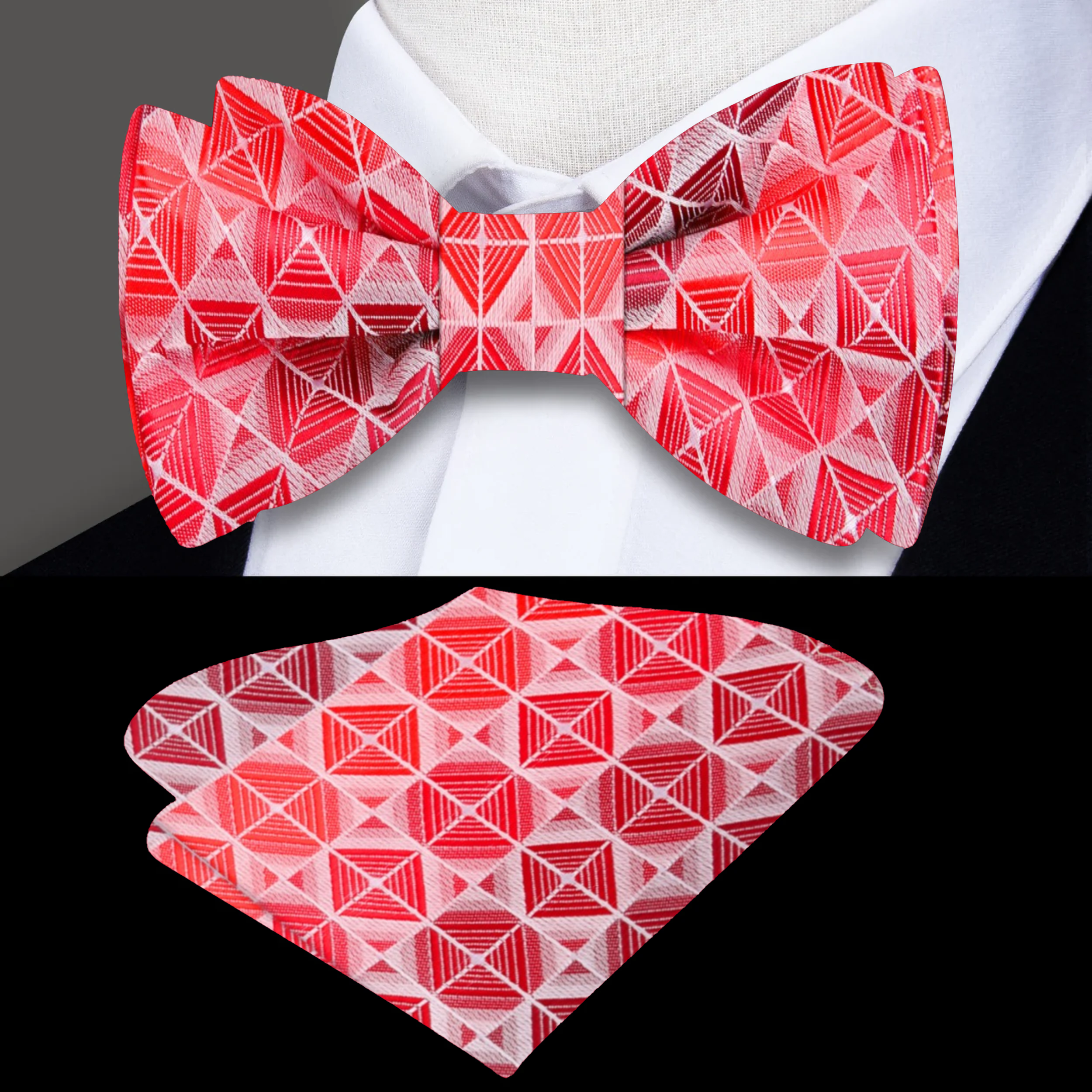 Front view of a stylish red geometric bow tie on a mannequin for formal wear