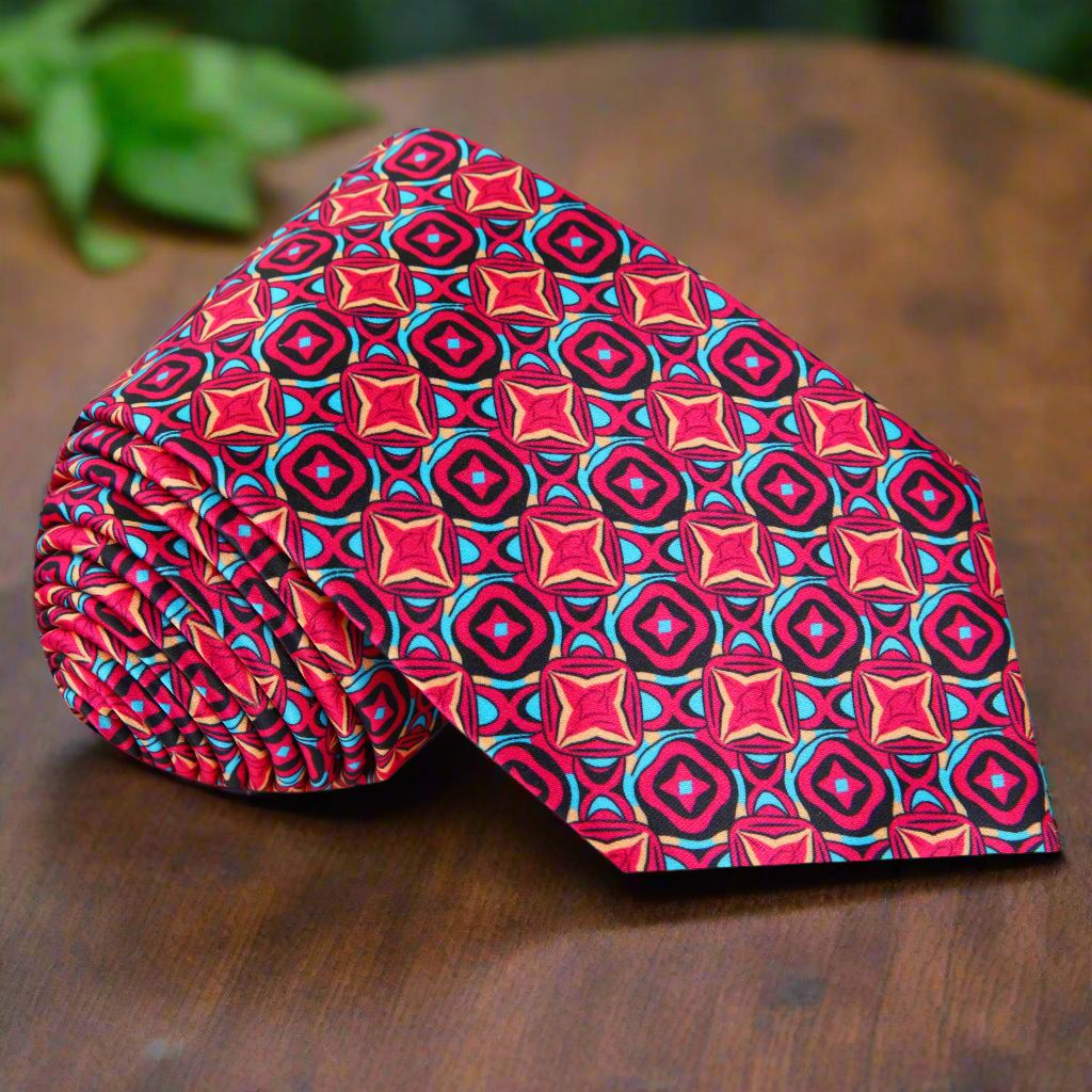 Close-up of red geometric necktie showcasing detailed pattern and vibrant colors