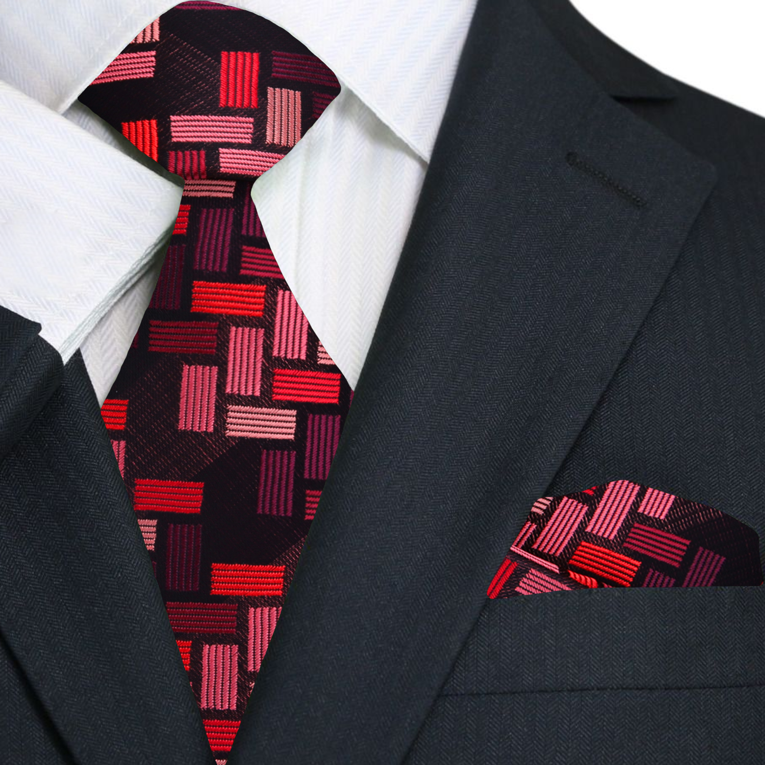 Purple geometric tie displayed with a light gray suit, demonstrating a sophisticated pairing.