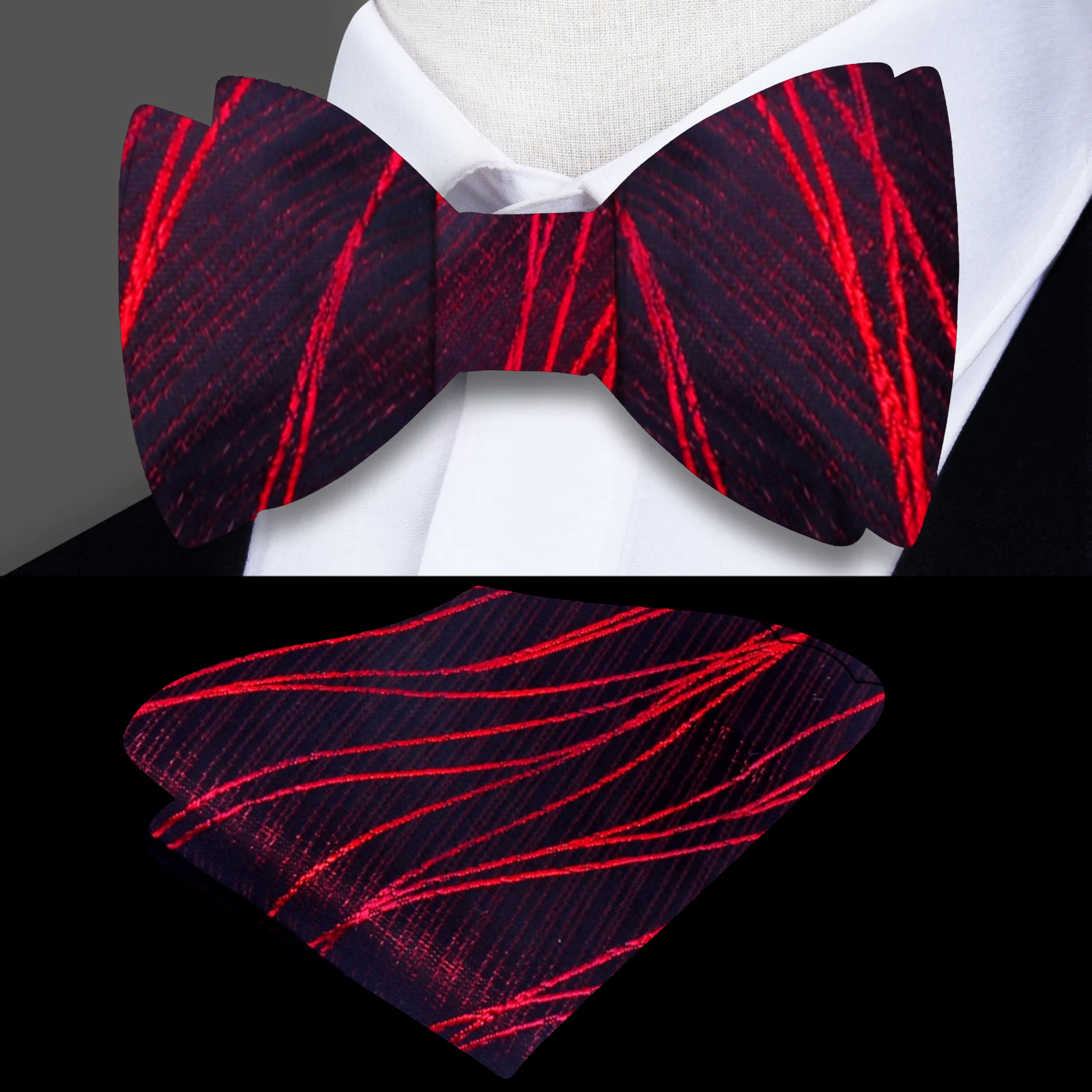Model wearing black and blue self tie bow tie at a formal event.