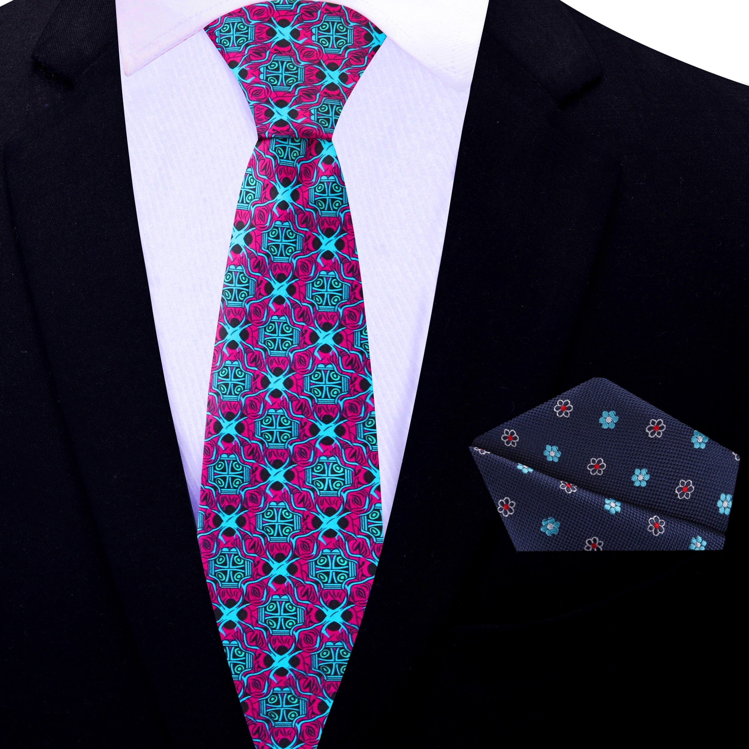 Detailed view of the red abstract silk necktie, highlighting its quality and texture