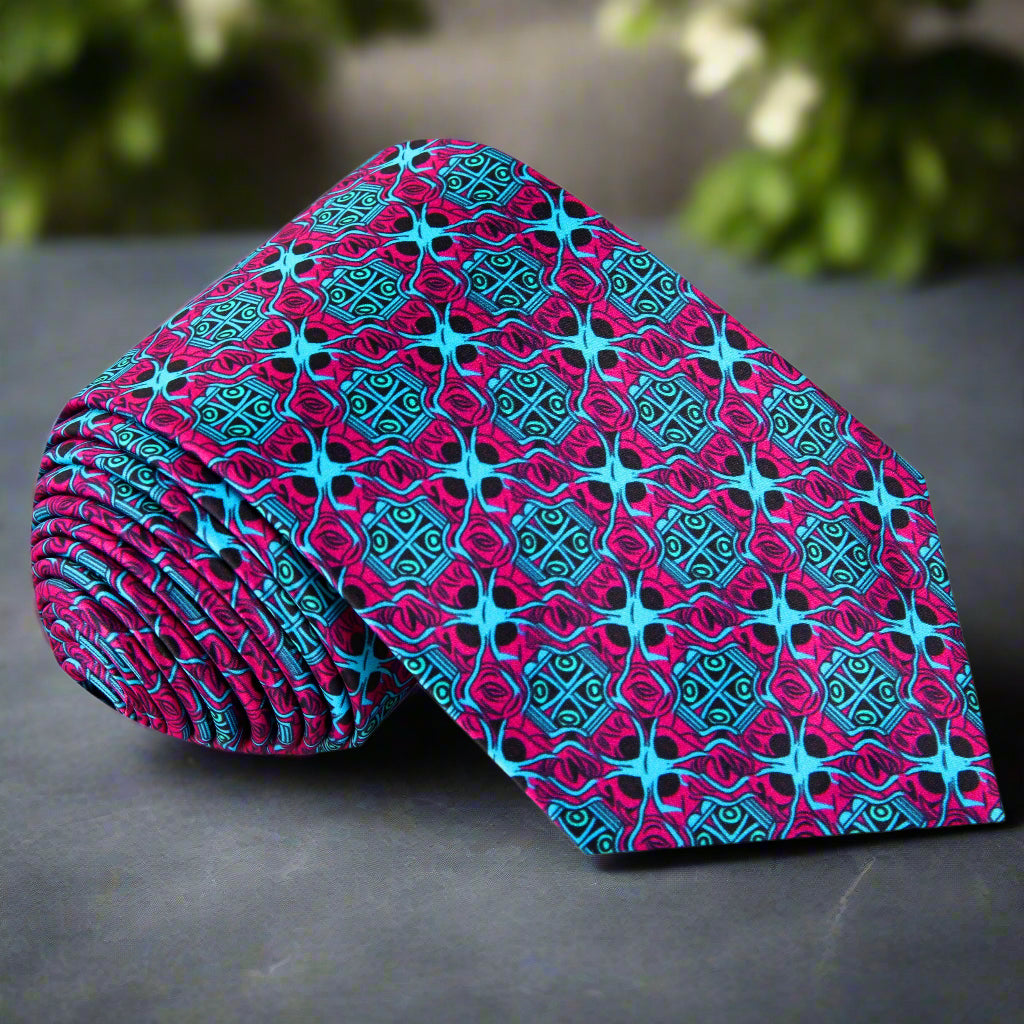 Close-up of vibrant red abstract silk necktie showcasing geometric design