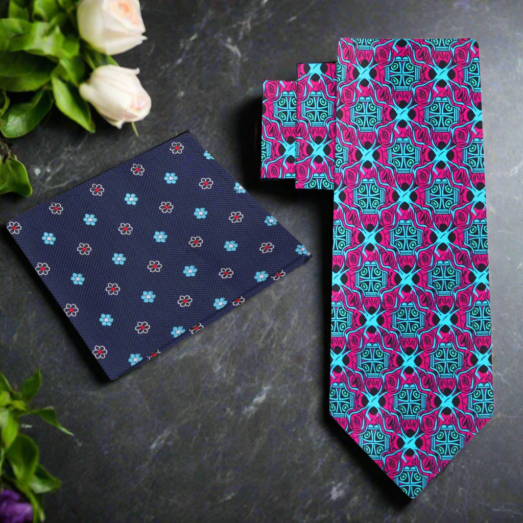 Close-up of vibrant red abstract silk necktie showcasing geometric design