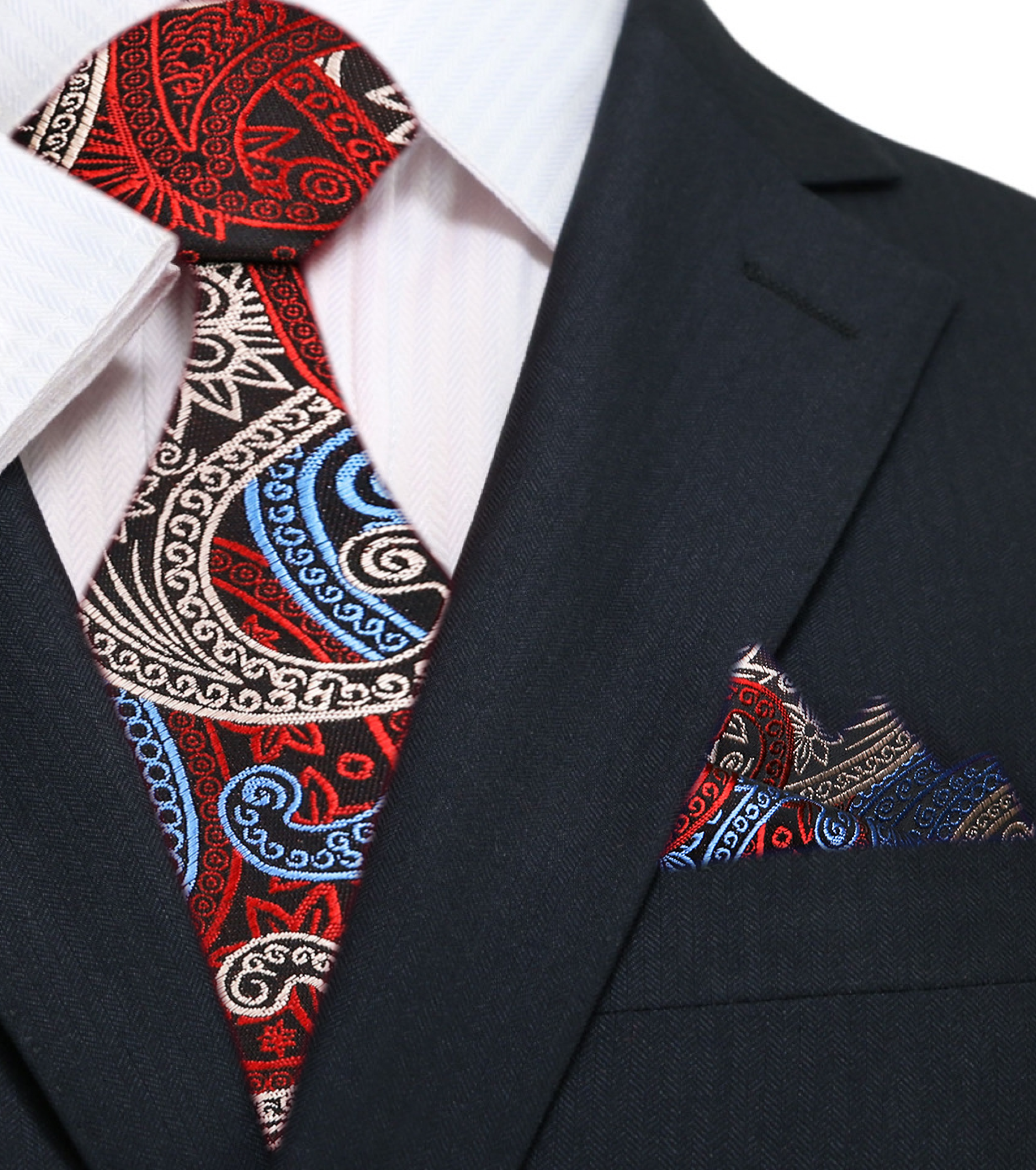 Close-up of luxury blue and gold silk paisley necktie showing detailed pattern
